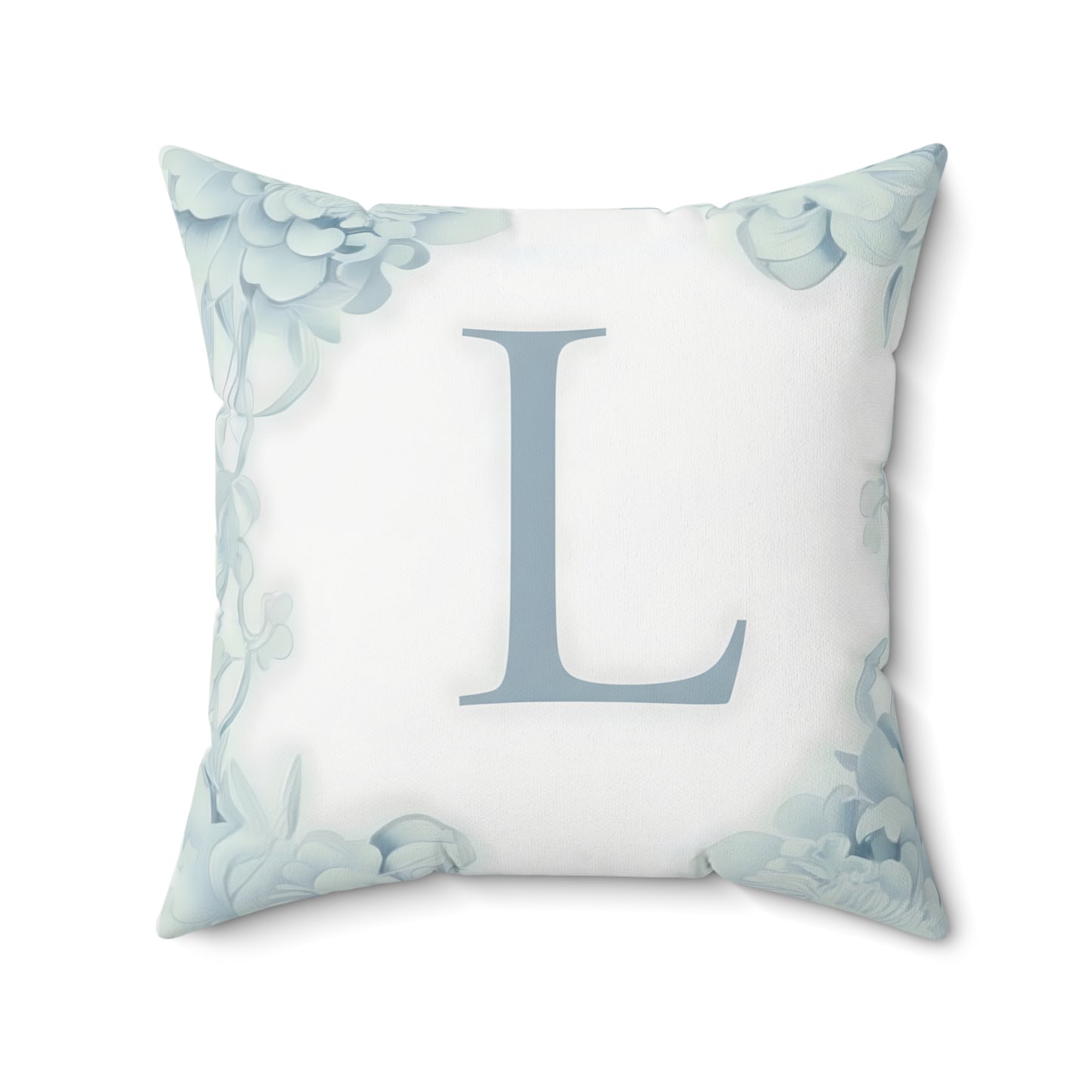 Monogram L Floral Border Decorative Pillow — Soft Blue Initial Throw Pillow