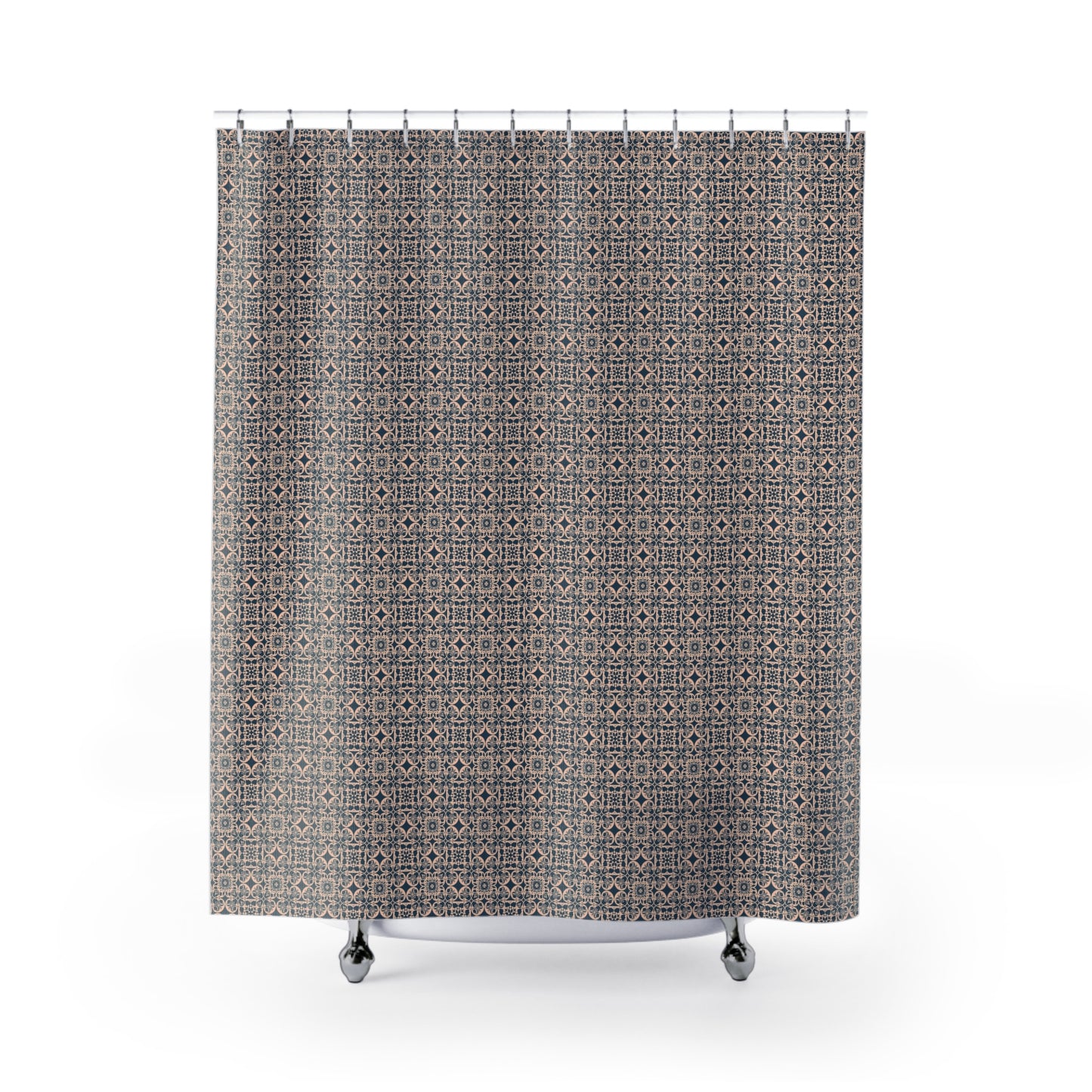 Moroccan Tile Pattern Shower Curtain — Navy Geometric Bathroom Décor
