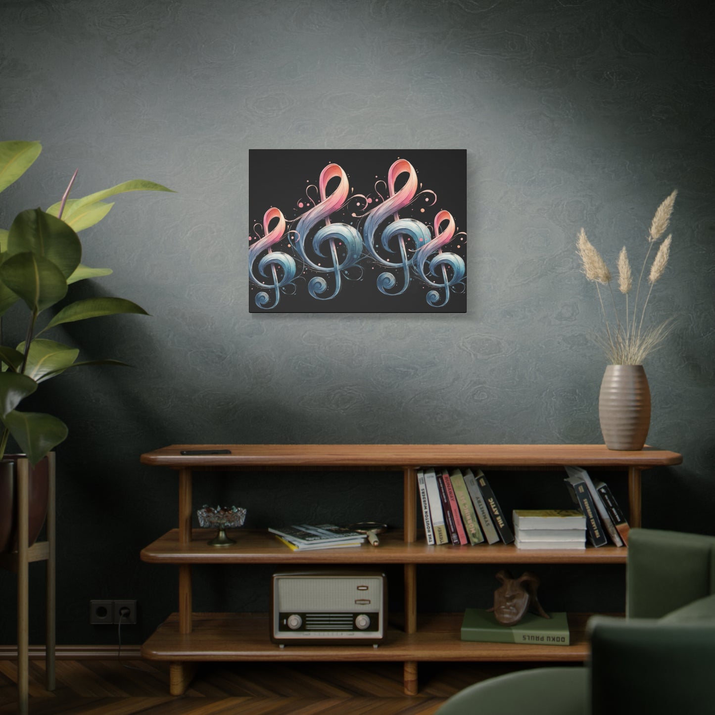 Musical Treble Clef Canvas Wall Art — Pastel Ribbon Notes on Black