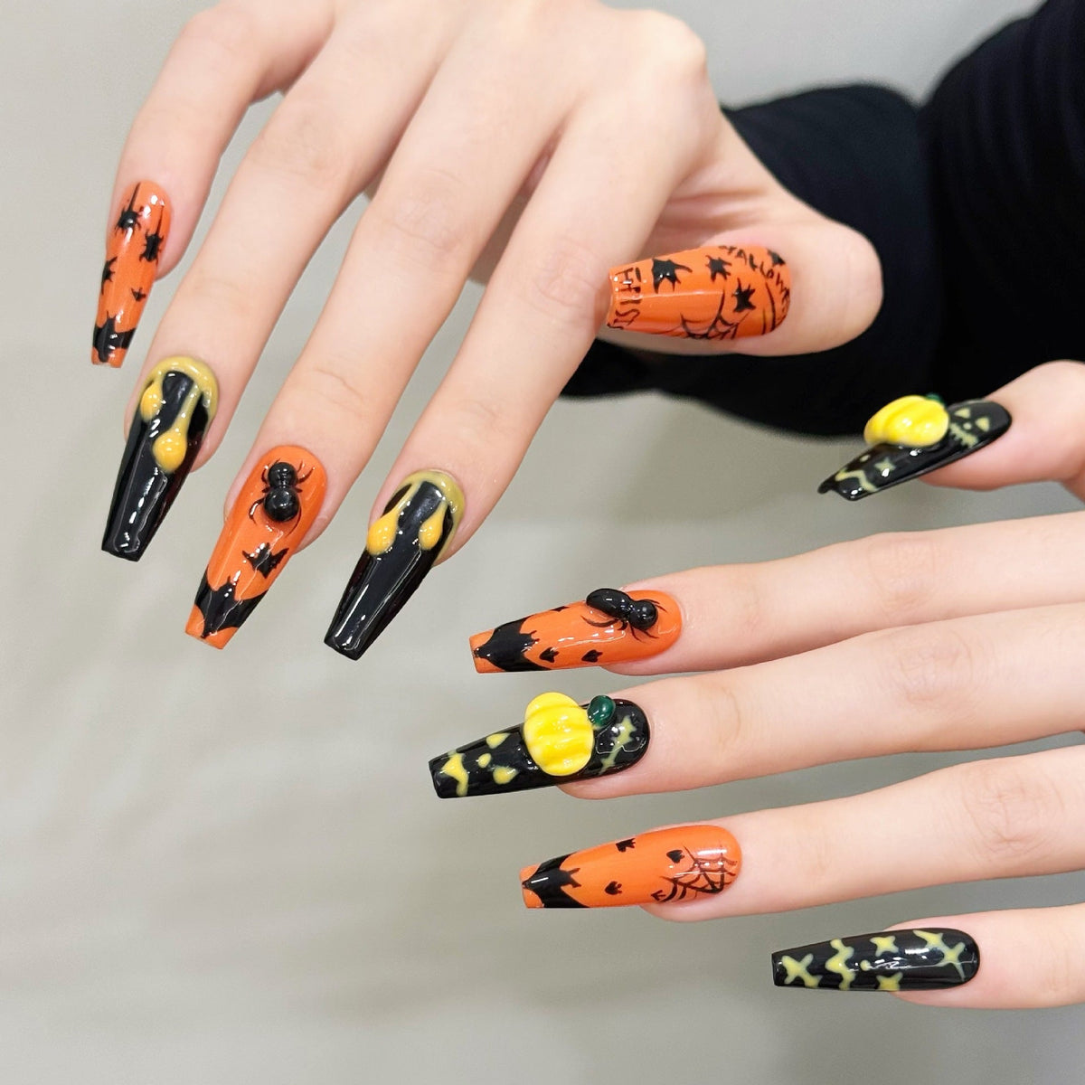 Halloween Pumpkin Spider Black Orange Press On Nails – Image 5