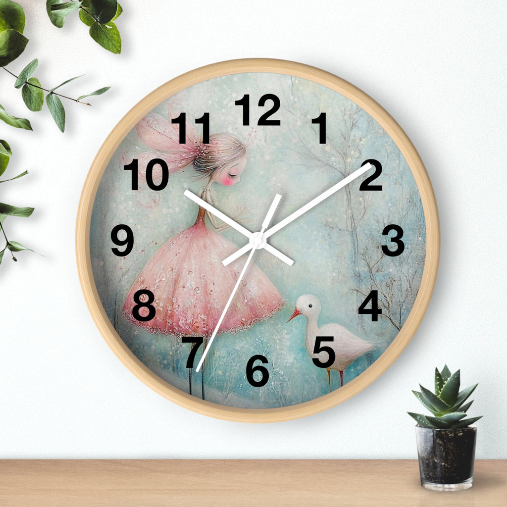 Whimsical Girl & Swan Wall Clock — Pastel Nursery Decor