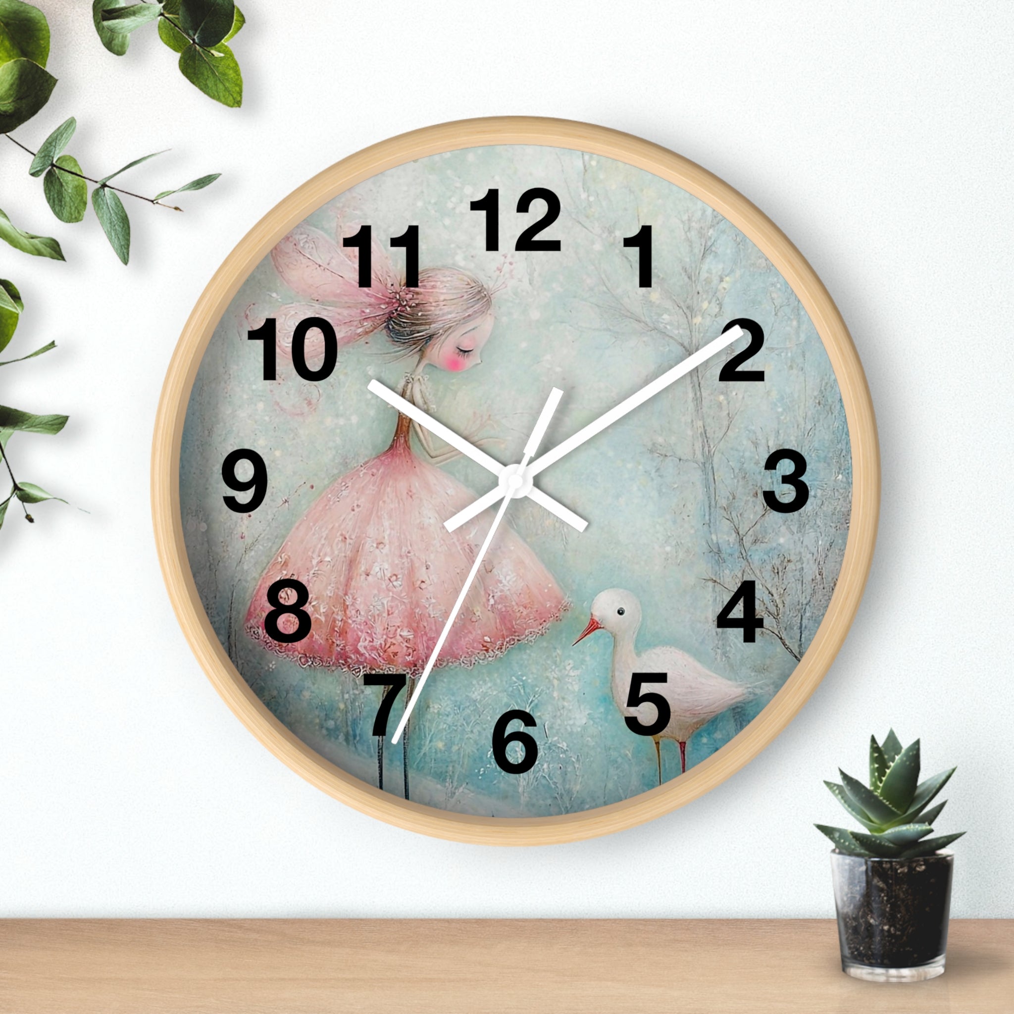 Whimsical Girl & Swan Wall Clock — Pastel Nursery Decor