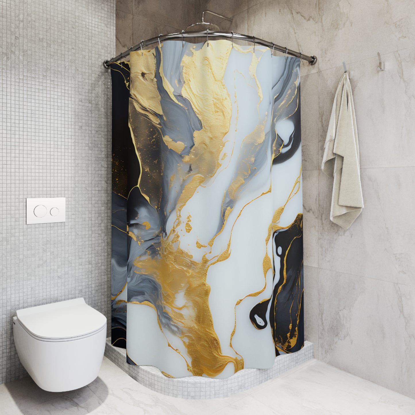 Marble Gold Abstract Shower Curtain — Luxe Black & White Bath Decor
