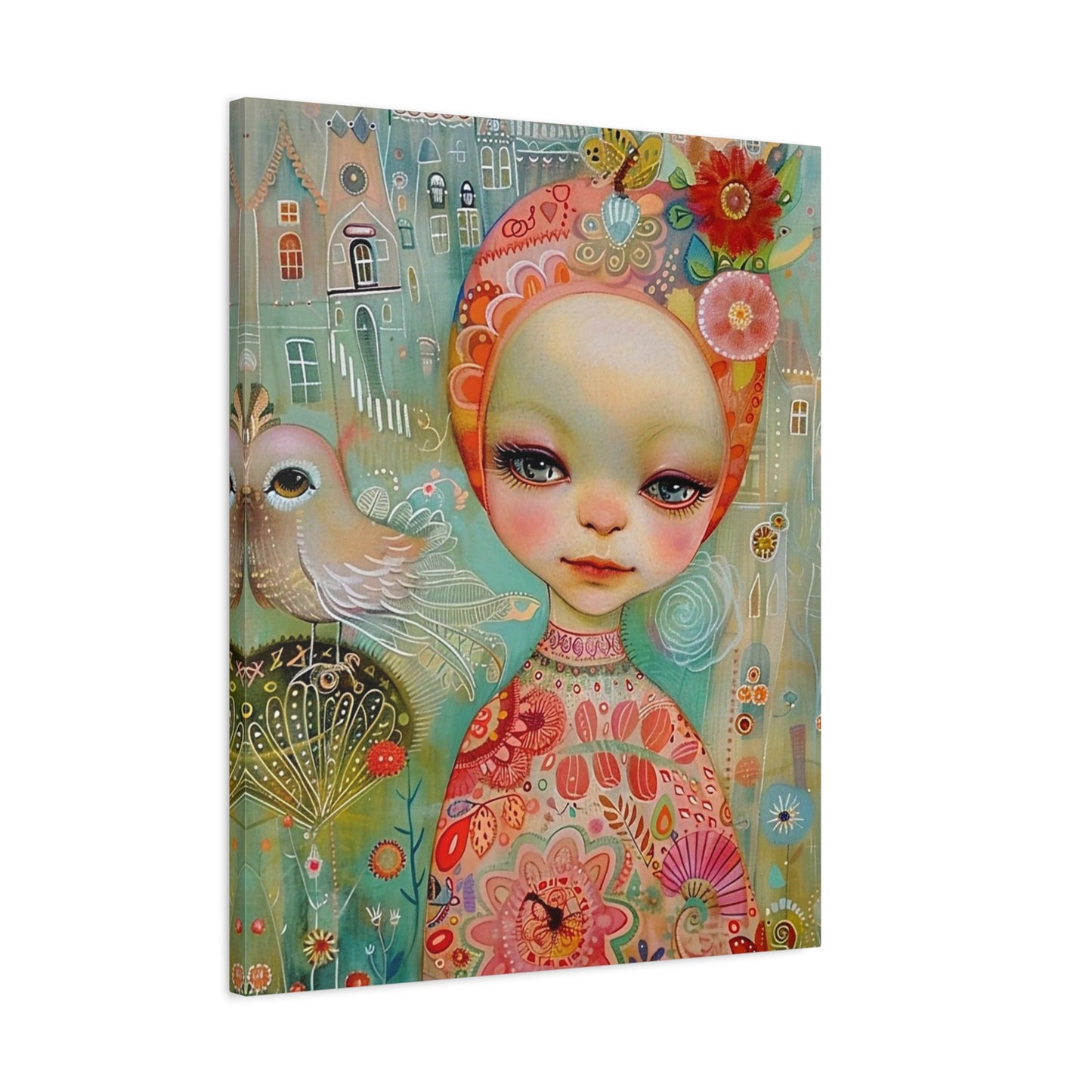 Whimsical Girl & Bird Matte Canvas Wall Art — Stretched Decorative Painting