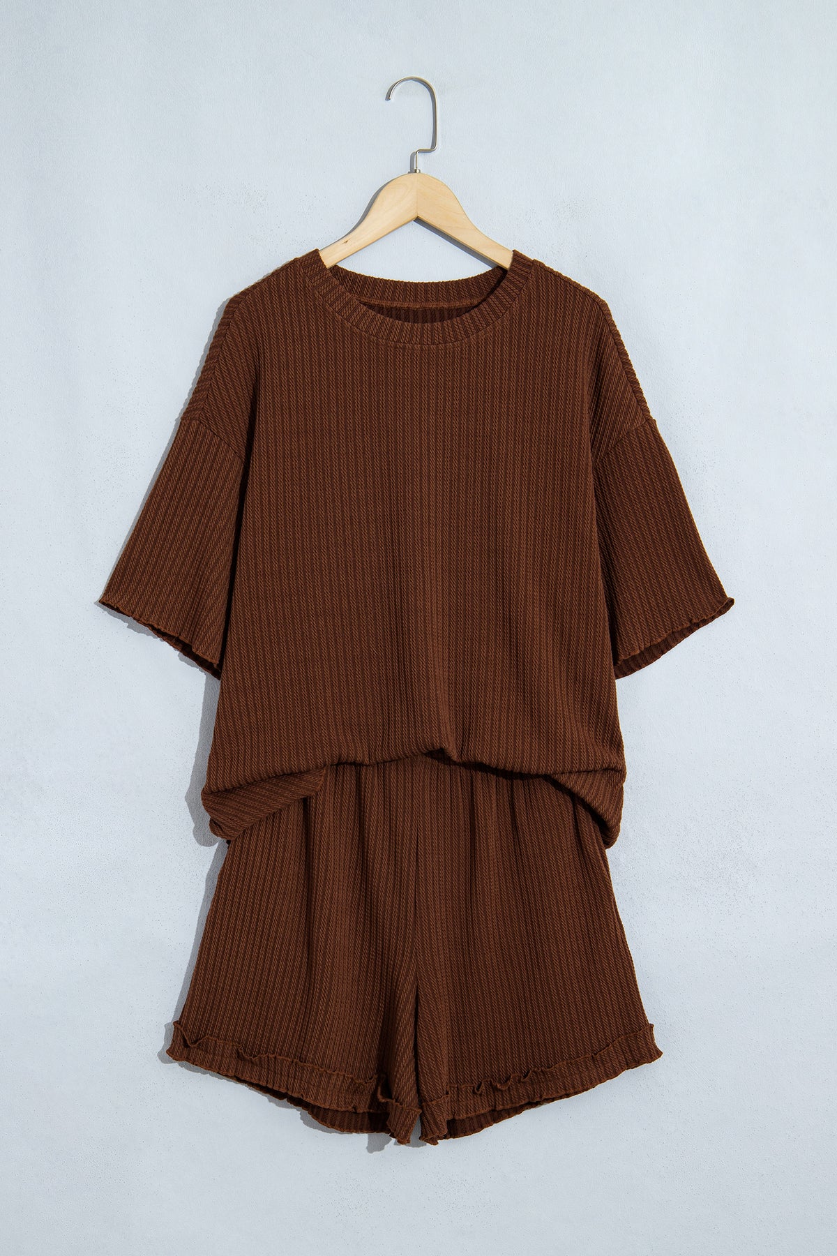 Dark Brown Textured Ribbed Knit Lettuce Trim 2pcs Lounge Set