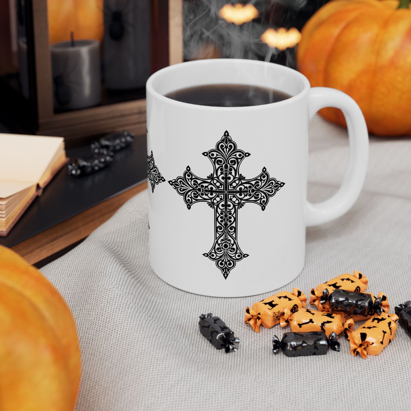 Gothic Cross Ceramic Mug - Spiritual Gift for Faith Lovers, Black and White Design, Perfect for Coffee or Tea, Housewarming, Religious [...]