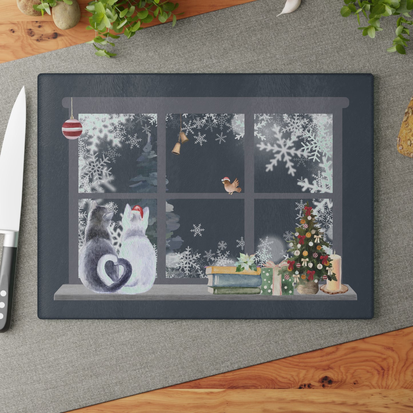Glass Cutting Board - Cozy Winter Cats by Window Holiday Kitchen Decor