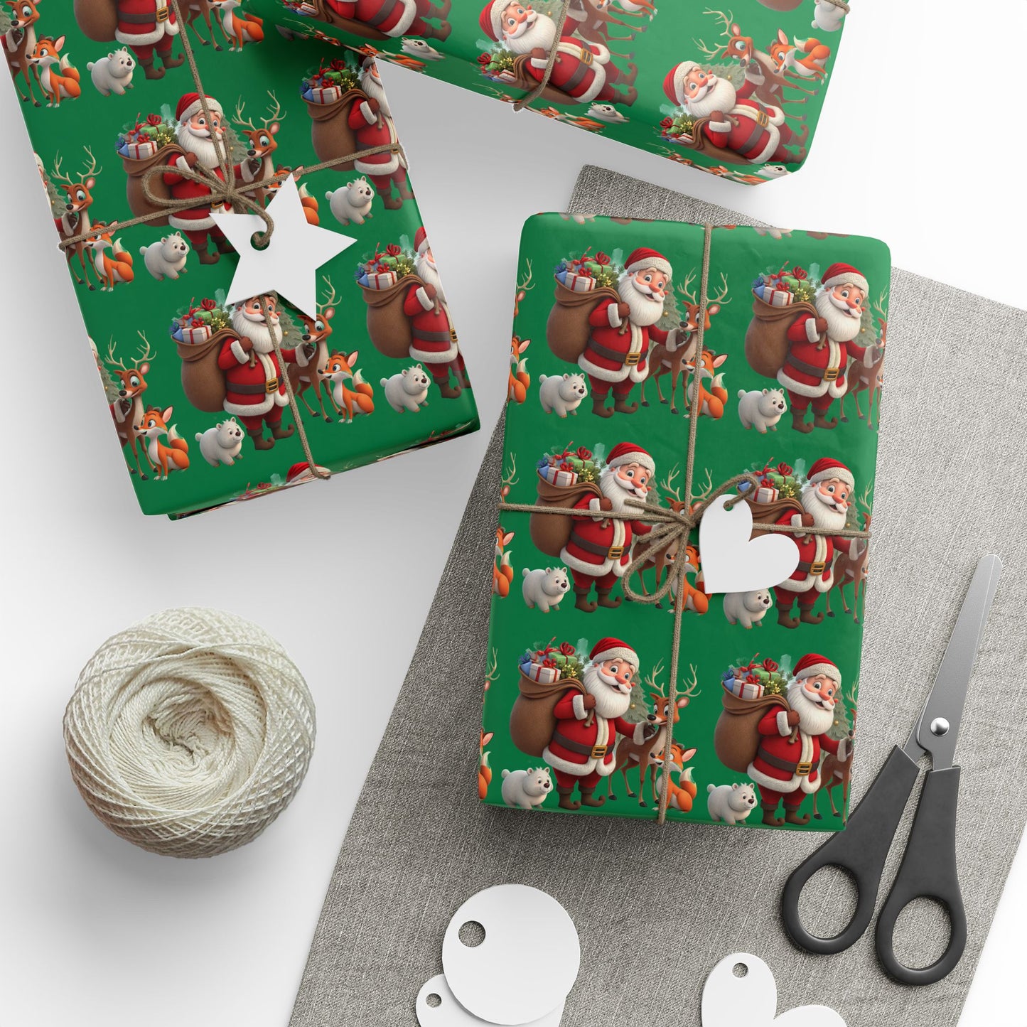 Christmas Santa & Reindeer Wrapping Paper Roll — Festive Green Holiday Gift Wrap