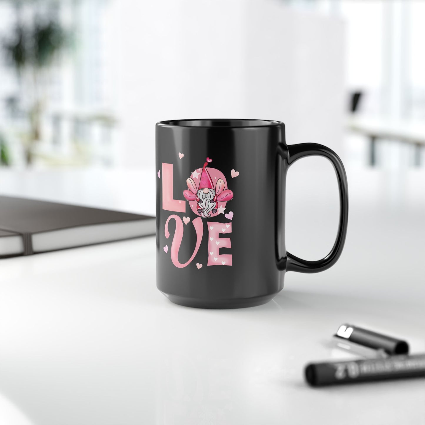 Love Florals 15oz Black Mug — Pink Heart & Lotus Coffee Cup