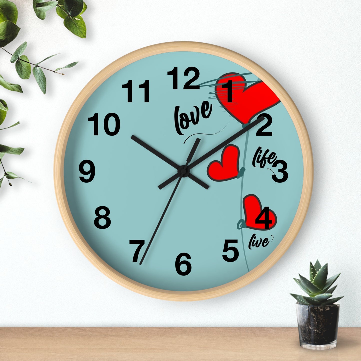 Love Hearts Wall Clock — Retro Teal Clock with Red Hearts & 'Love' Typography