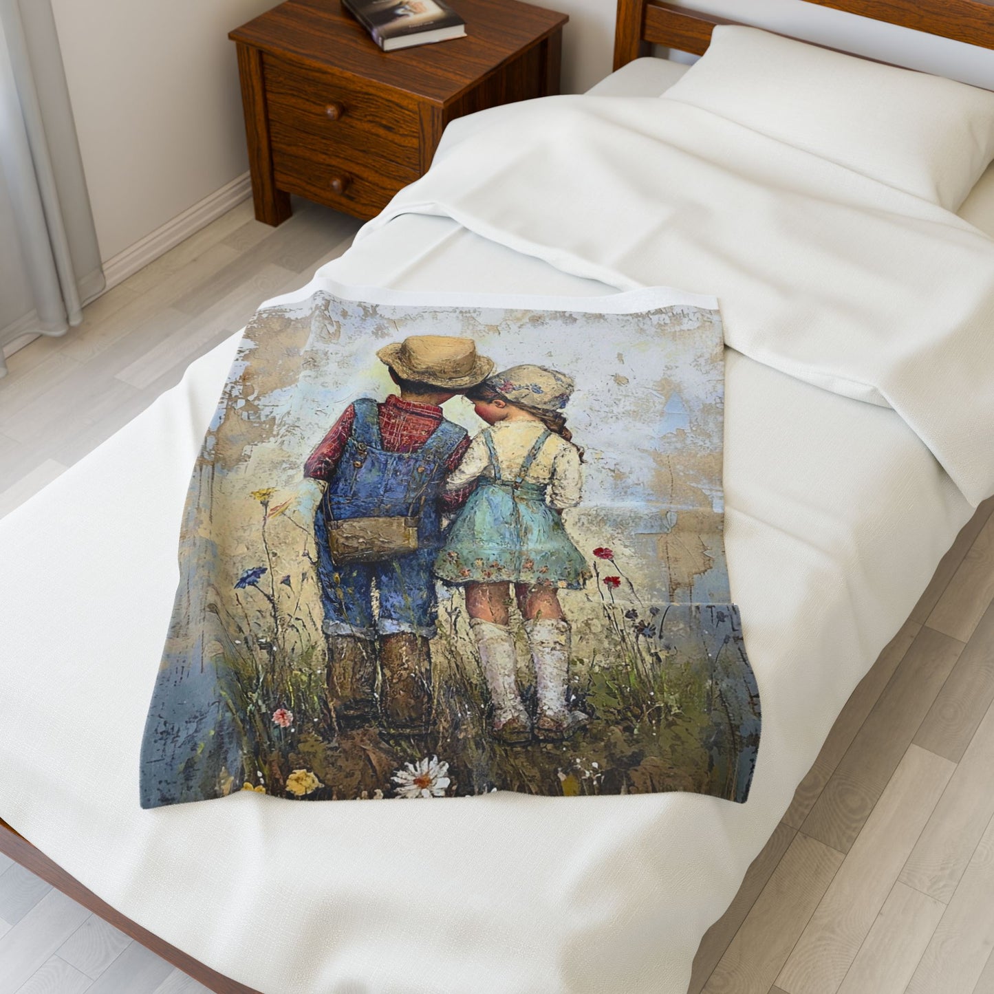 Vintage Children Standing Together Velveteen Plush Blanket — Rustic Nursery Throw