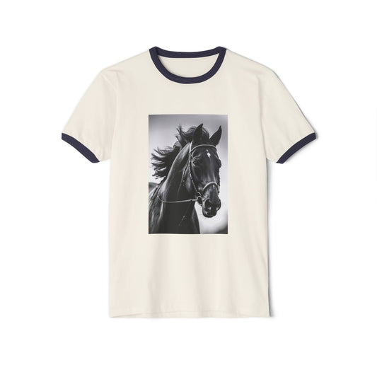 Horse Portrait Ringer T-Shirt — Black Stallion Graphic Tee for Equestrian Lovers