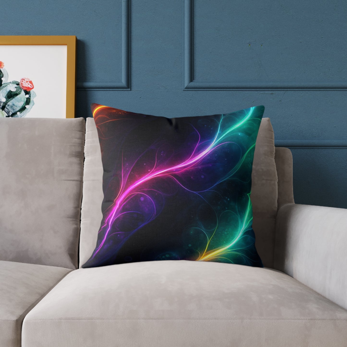 Neon Aurora Abstract Square Pillow — Vibrant Cosmic Decorative Throw Pillow