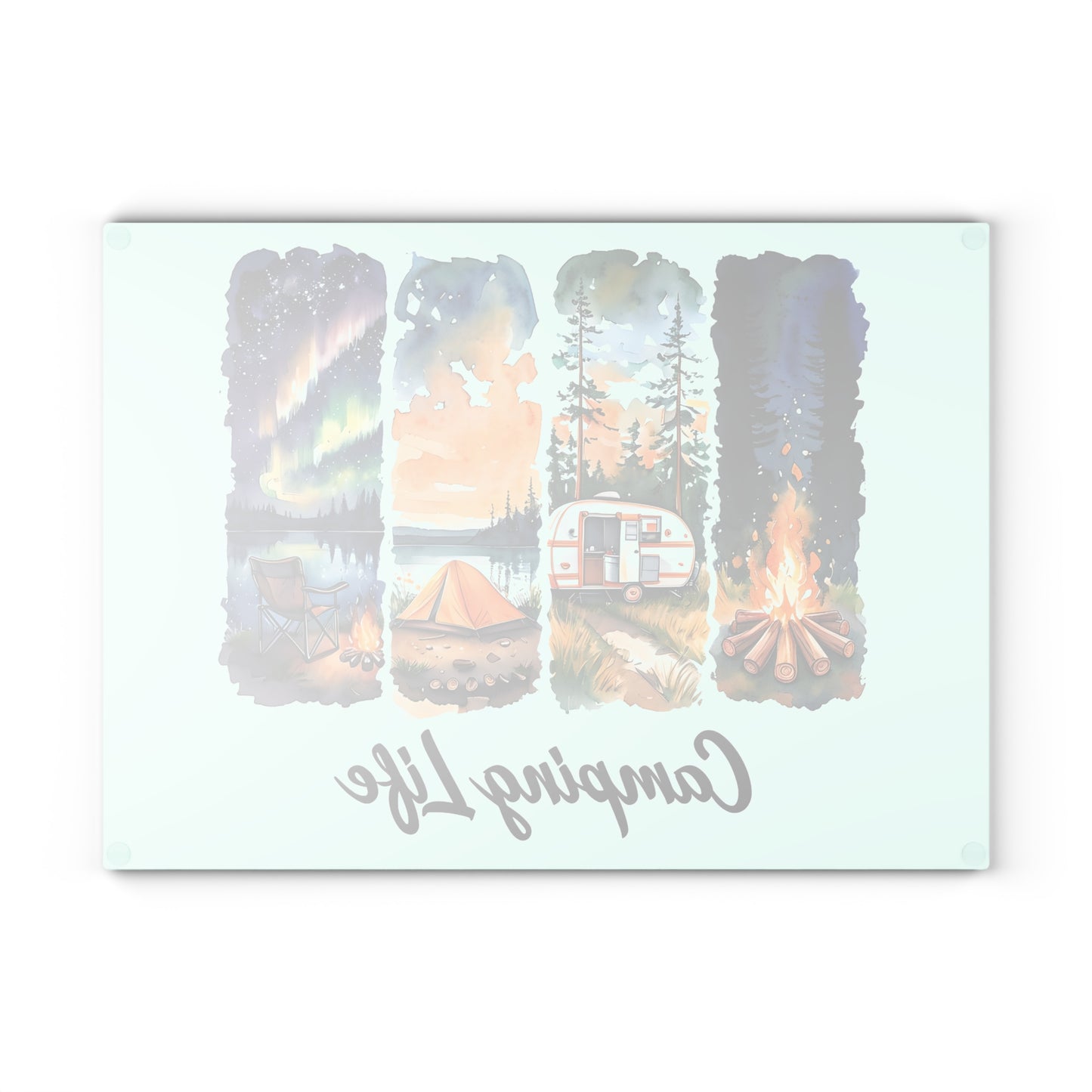Camping Life Glass Cutting Board – Watercolor Camper, Tent & Campfire Kitchen Board