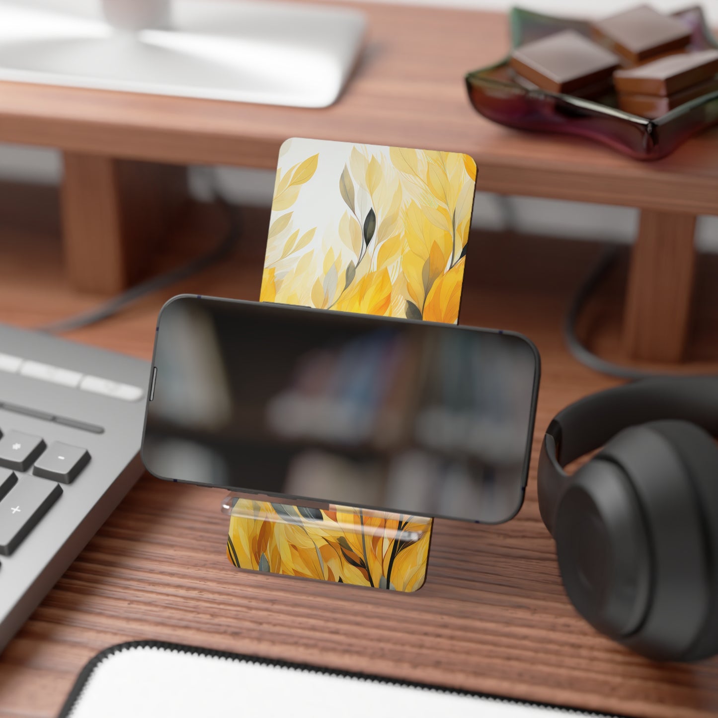 Chic Mobile Display Stand, Leaf Design Phone Holder, Desk Organizer, Tech Gift, Home Decor, Yellow Floral
