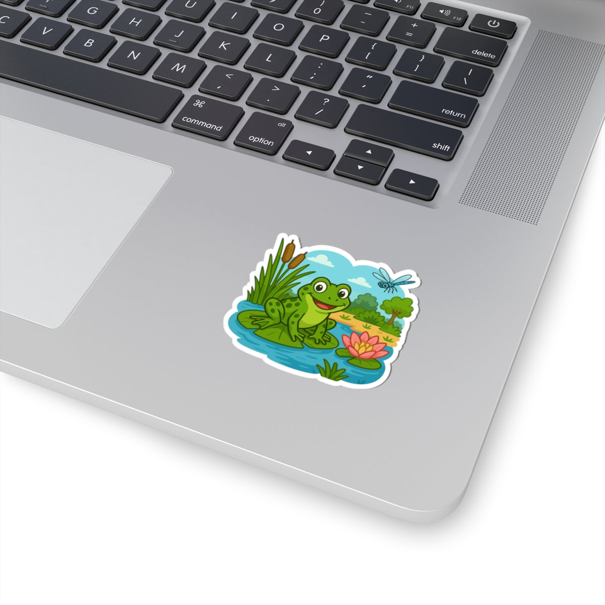 Frog Pond Kiss-Cut Sticker — Cute Lily Pad Frog & Dragonfly Decal