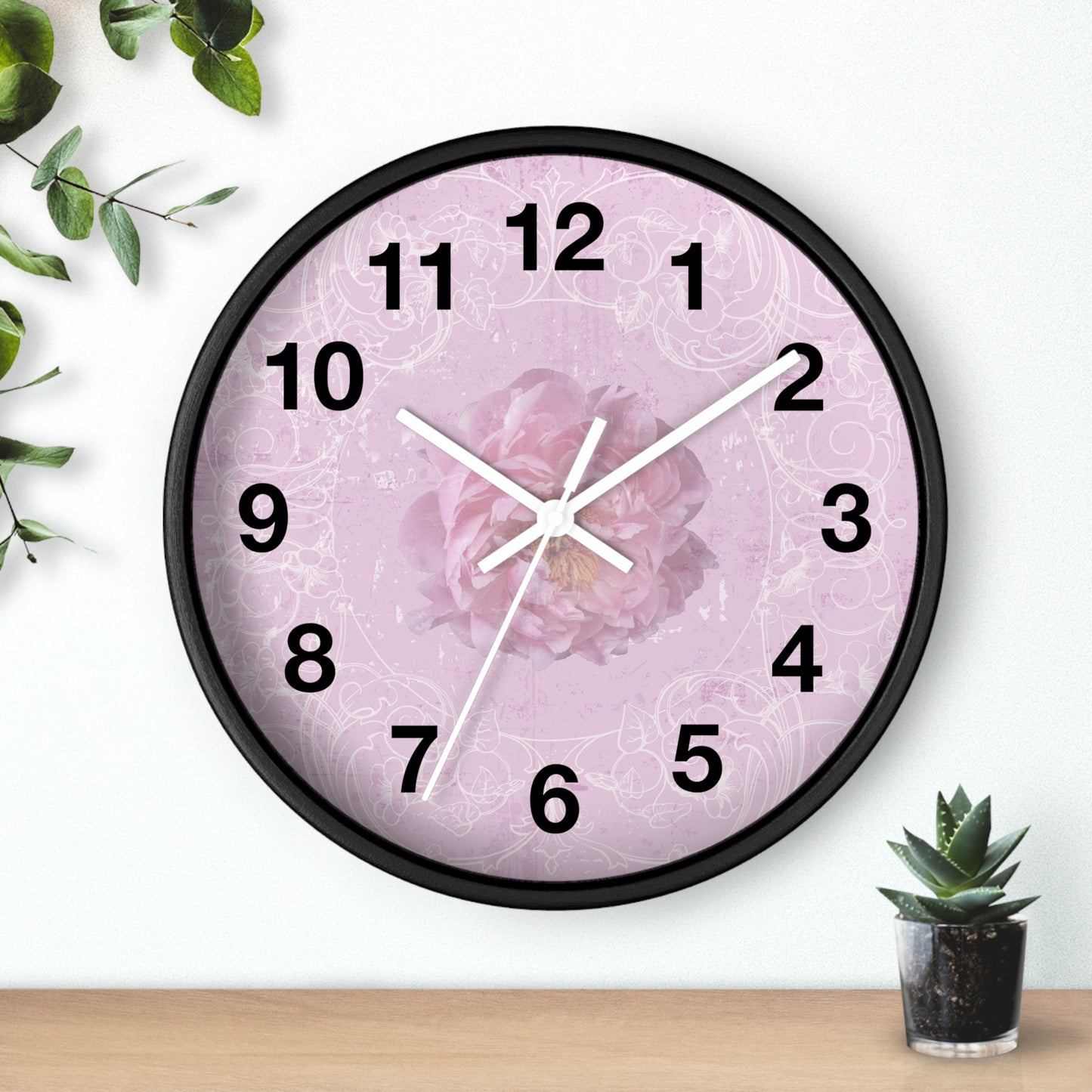 Pink Floral Wall Clock — Romantic Rose Decorative Clock for Bedroom, Nursery, or Gift