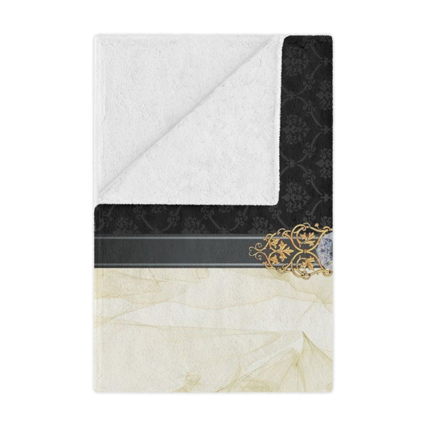 Luxury Gold Smoke Minky Blanket — Elegant Damask Accent with Ornate Gem Detail