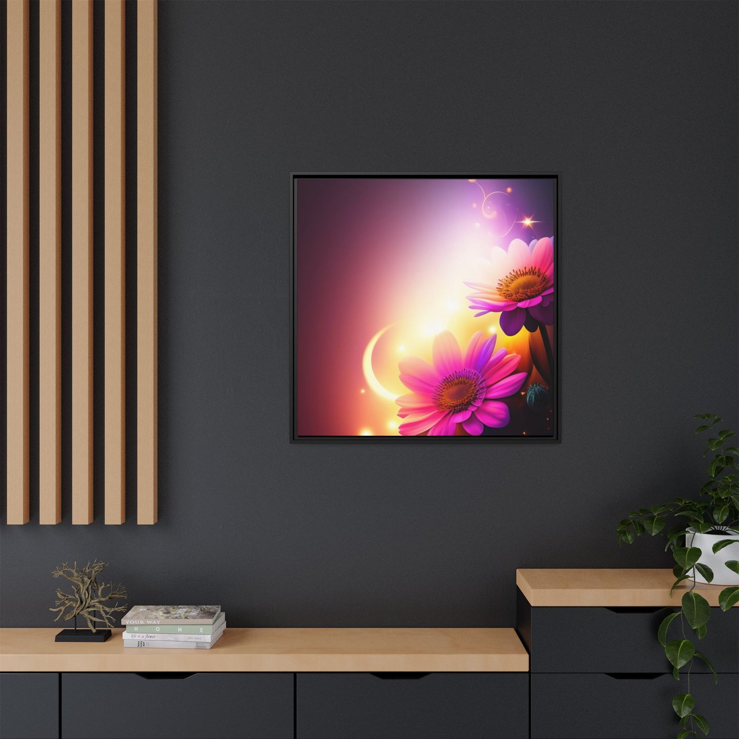 Framed Floral Canvas Art — Pink Daisies Sunset Wall Print