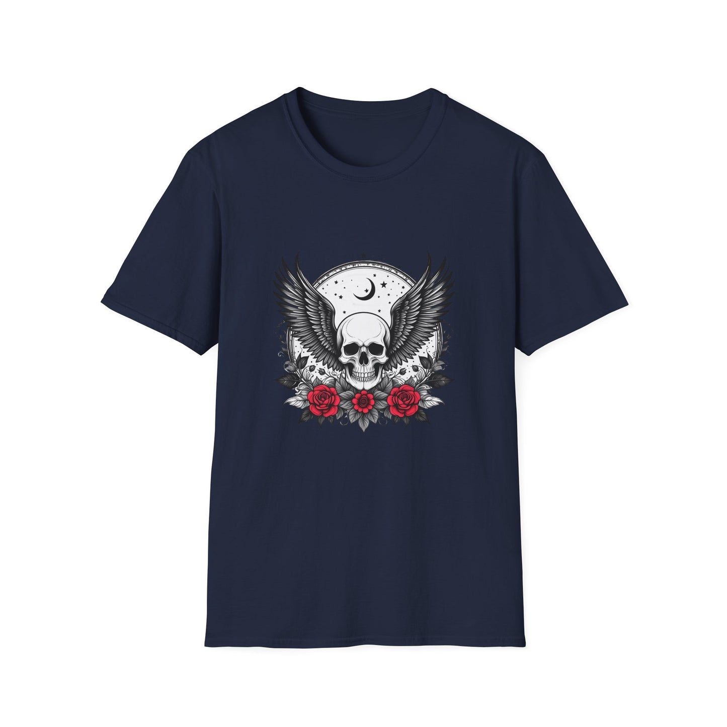 Skull Wings T‑Shirt – Crescent Moon & Red Roses Gothic Graphic Tee