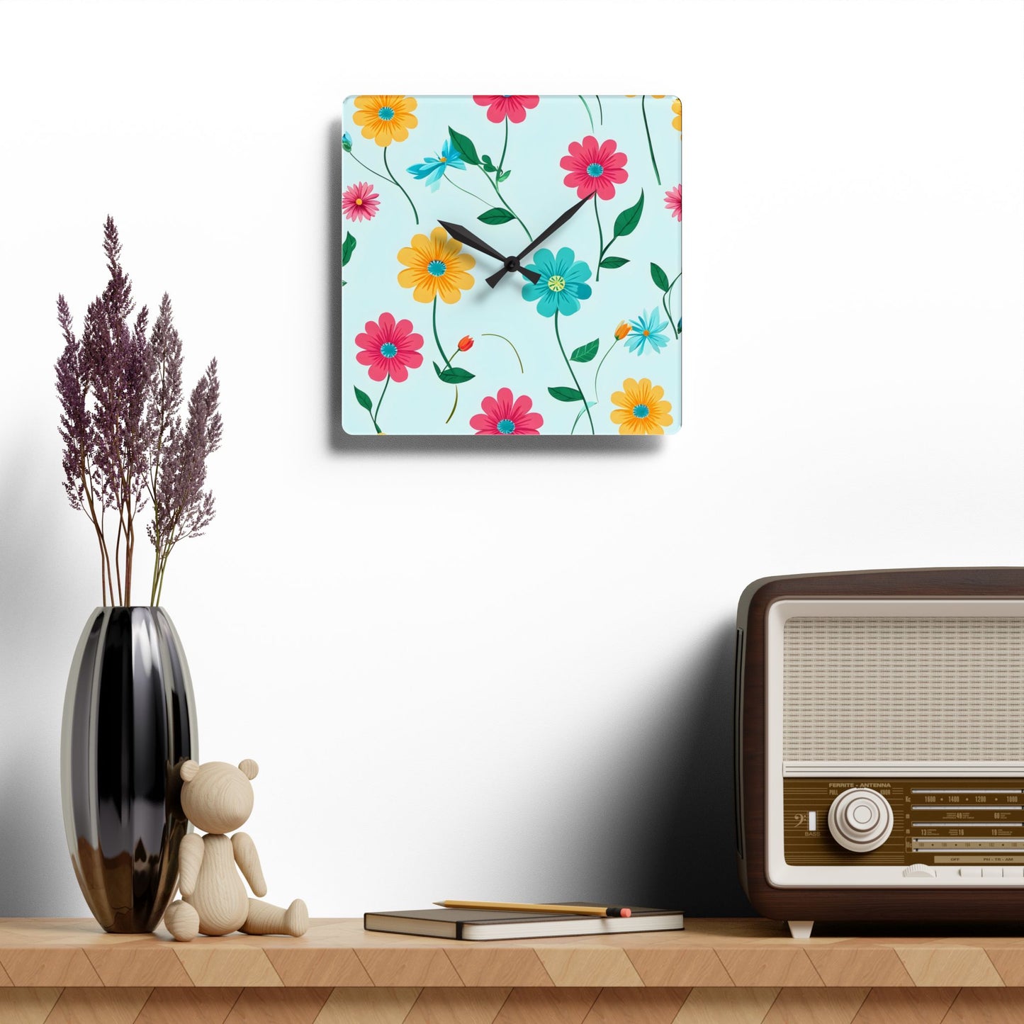 Floral Acrylic Wall Clock — Colorful Spring Daisy Design