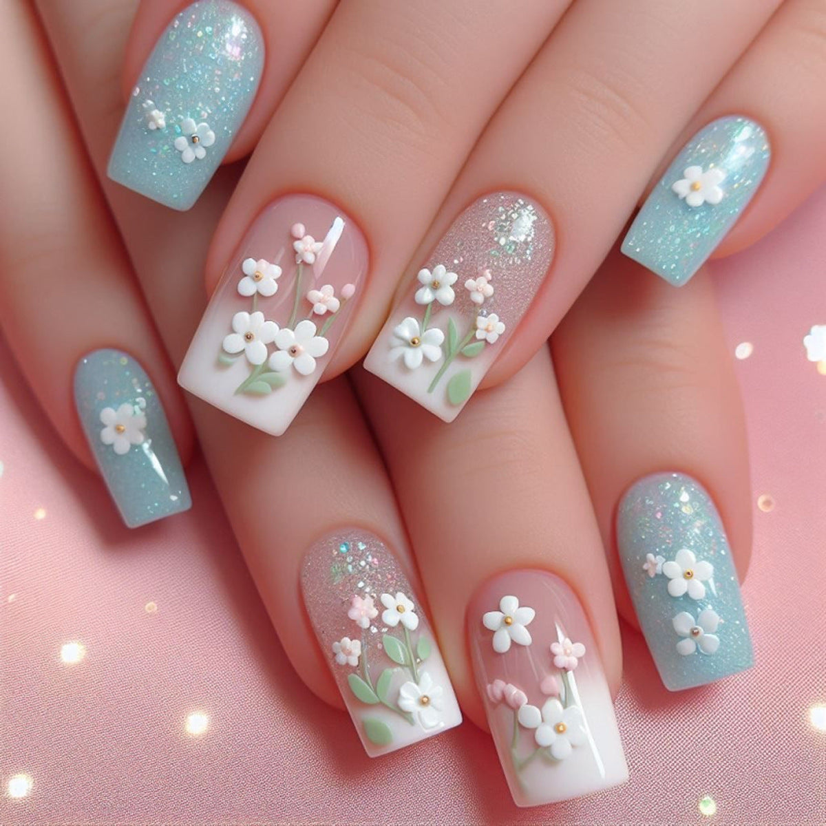 3D fresh flower manicure medium and long white gradual change press on nails fake nail square press on nails wholesale