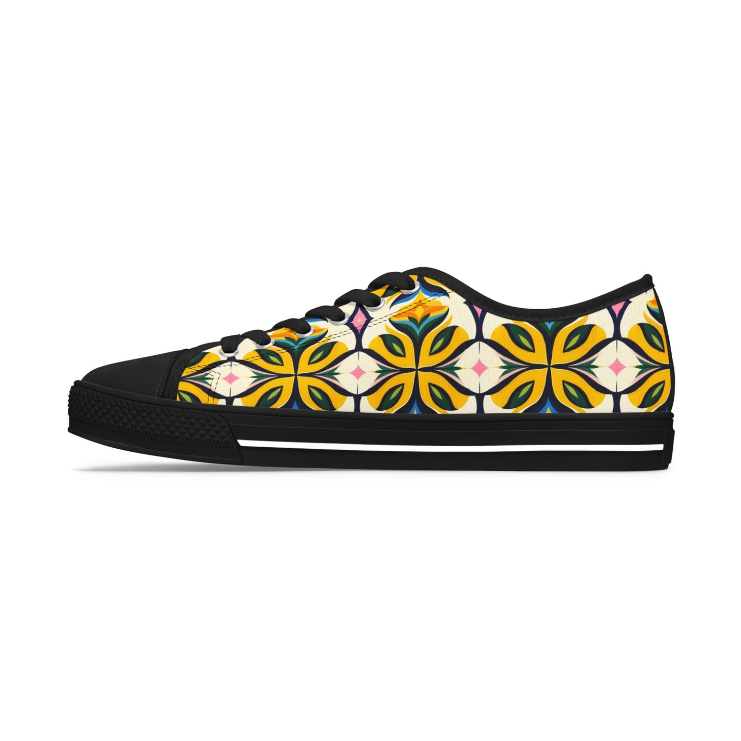 Floral Geometric Low Top Sneakers — Yellow Retro Tile Pattern