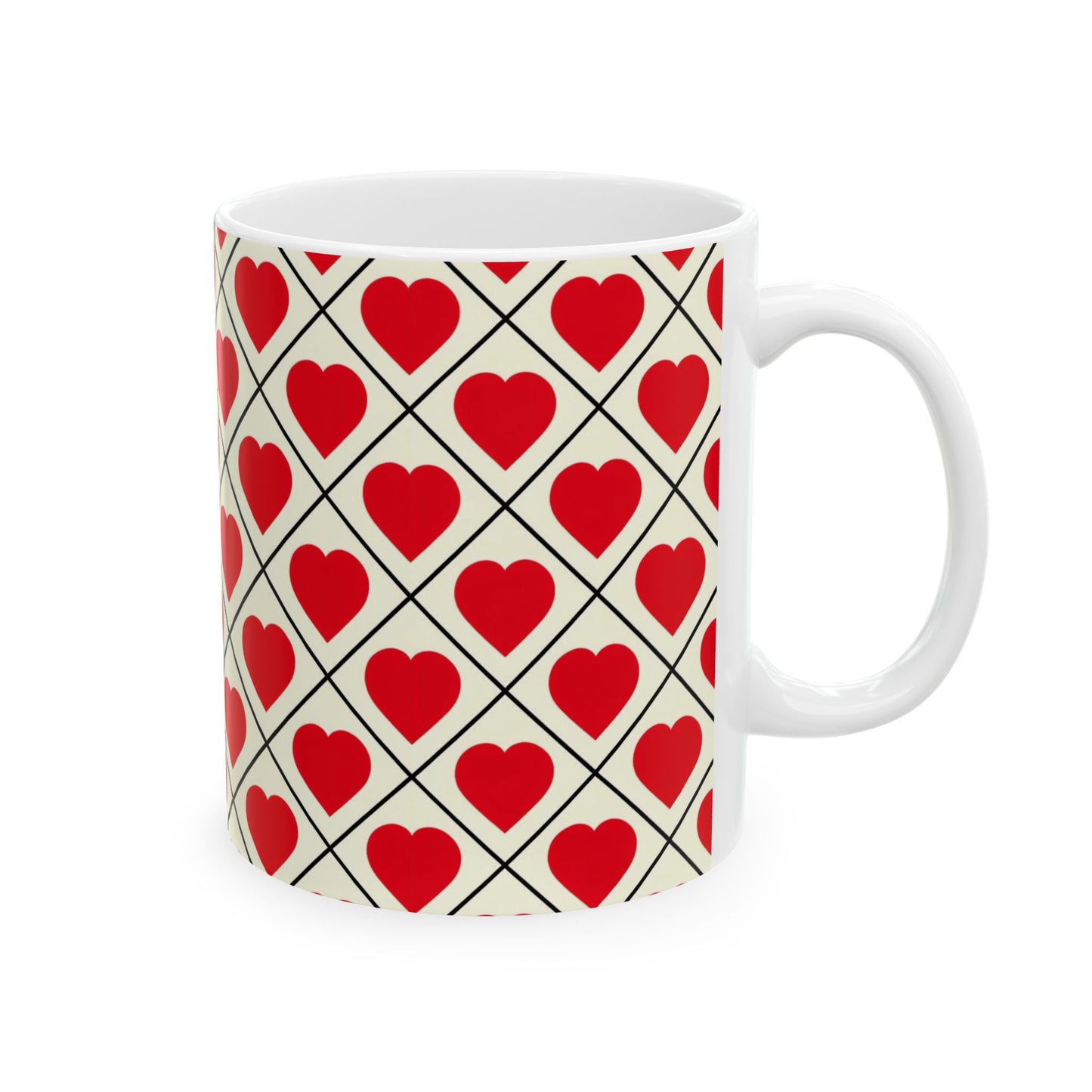 Heart Pattern Ceramic Mug – Red Hearts Grid Coffee Cup (11oz, 15oz)