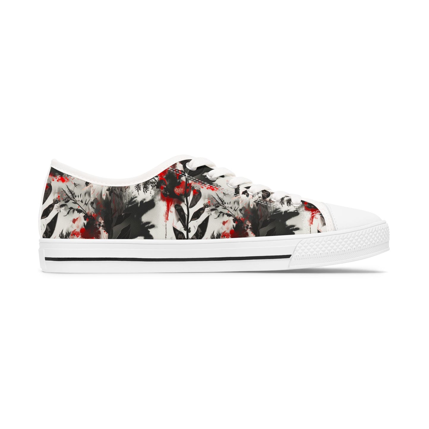Floral Ink-Blend Low Top Sneakers — Artistic Black & Red Canvas Shoes