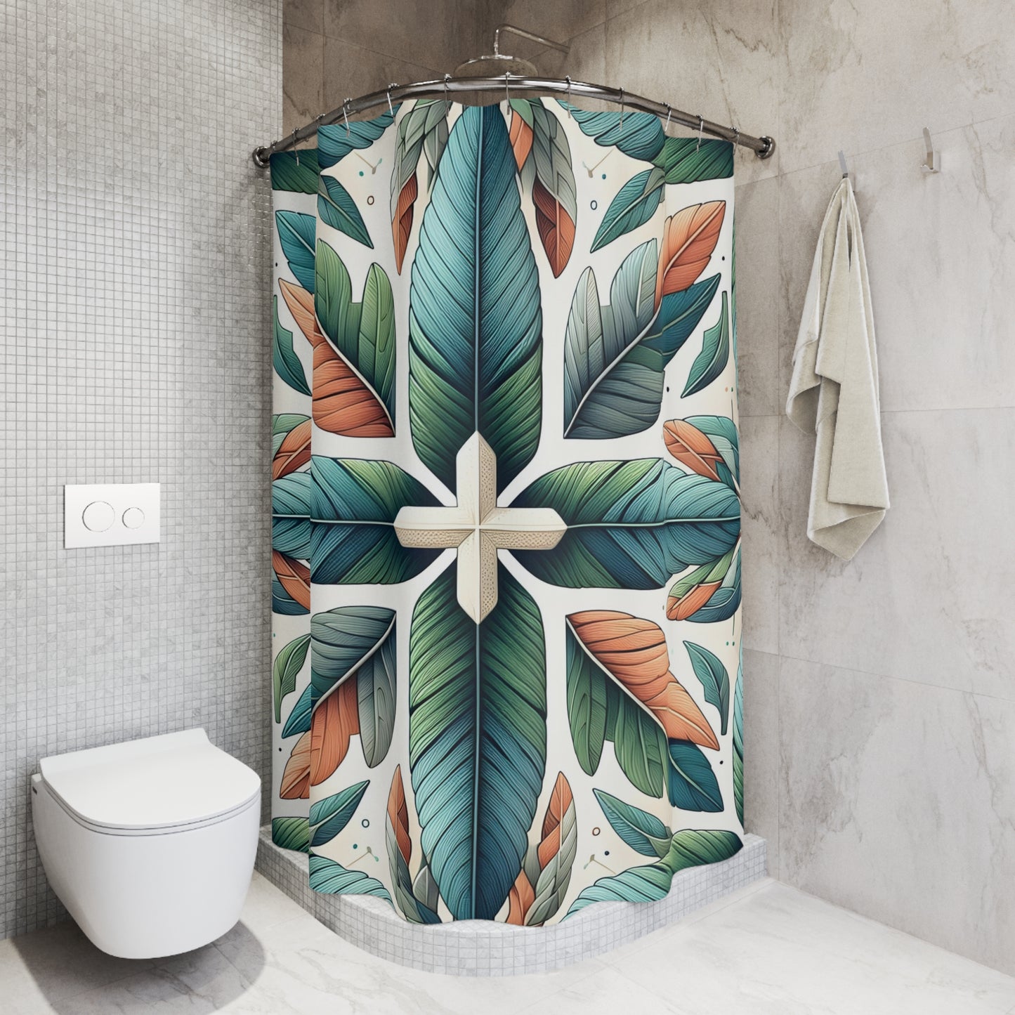 Tropical Leaf Shower Curtain — Boho Green & Terracotta Botanical Bathroom Decor