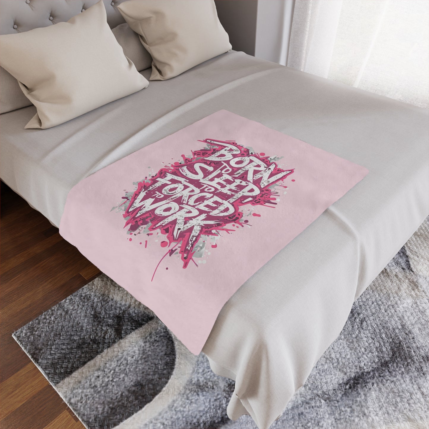 Minky Blanket — "Born to Sleep, Forced to Work" Pink Cozy Throw