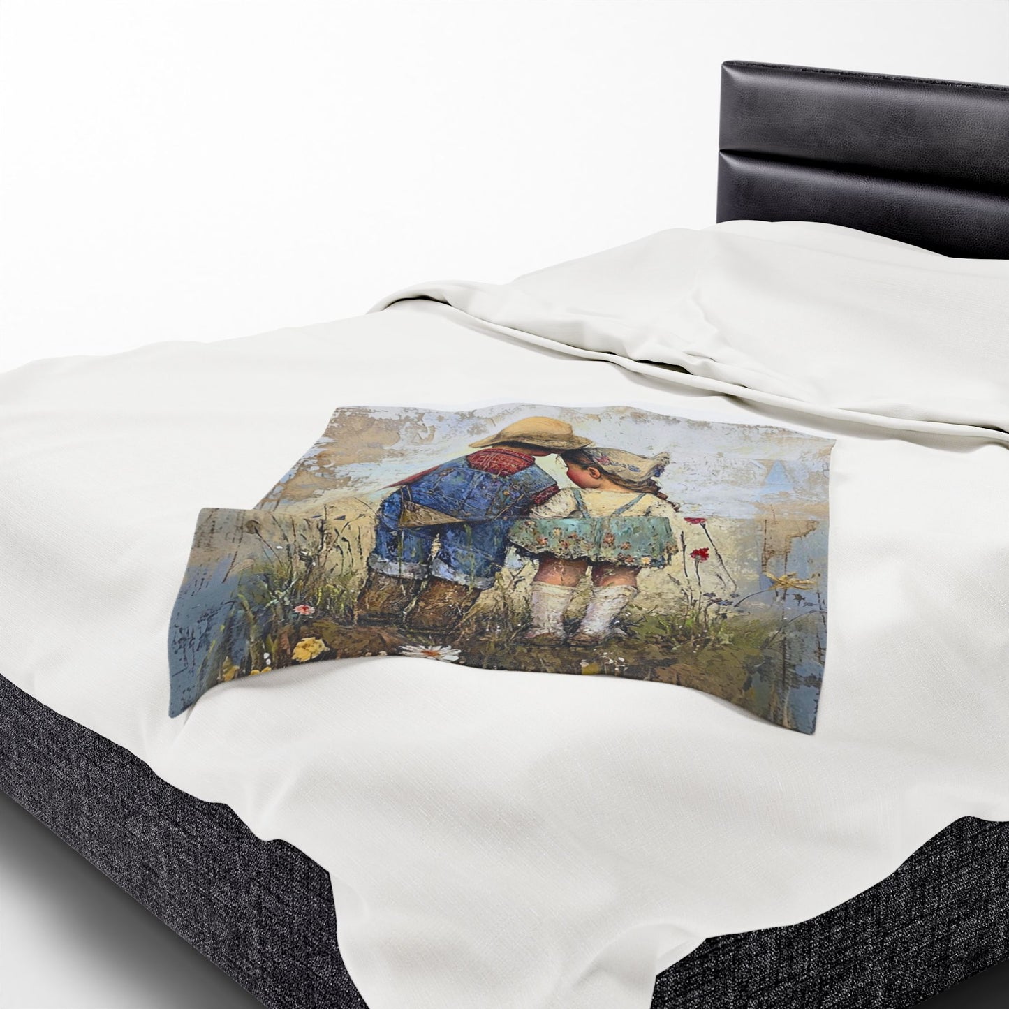 Vintage Children Standing Together Velveteen Plush Blanket — Rustic Nursery Throw