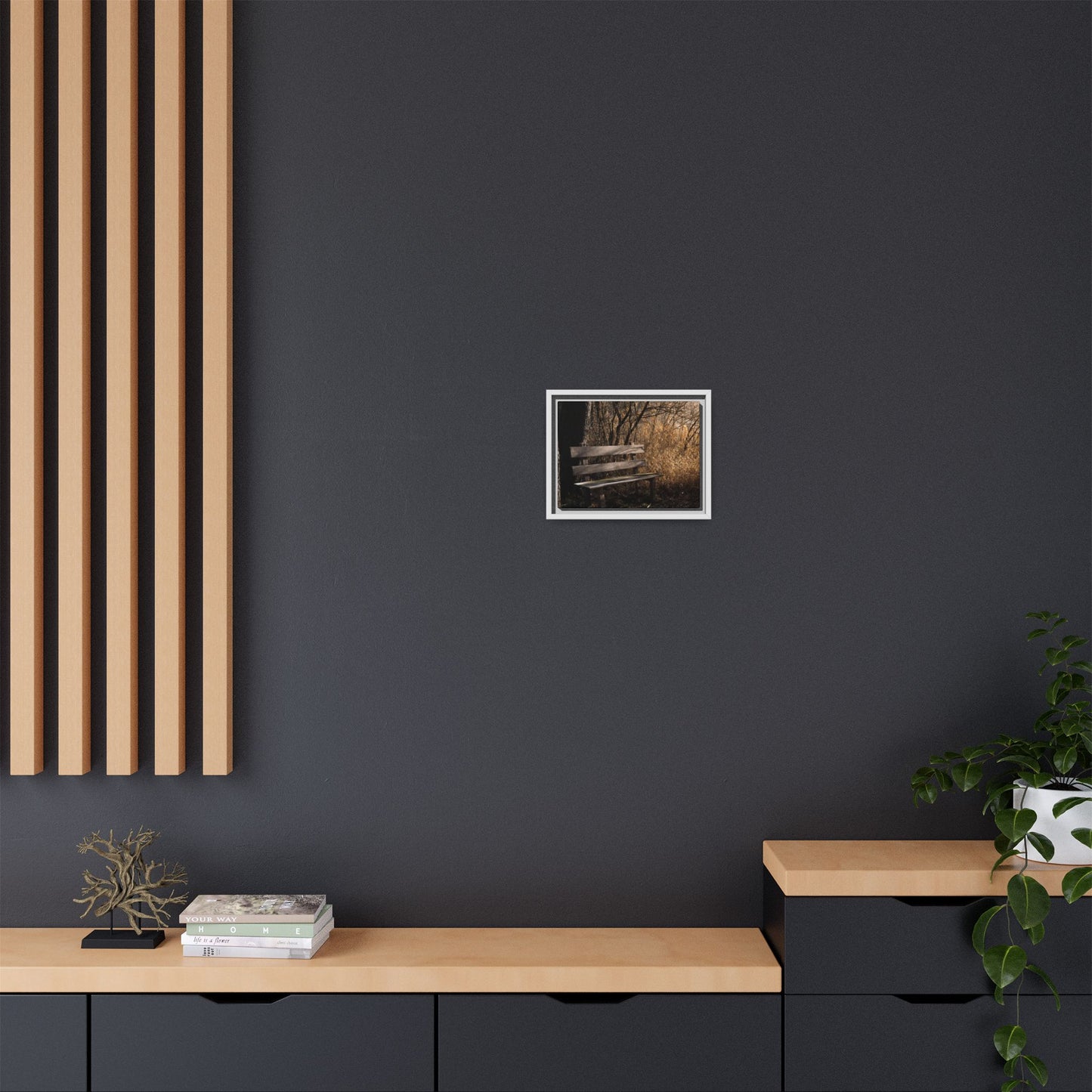 Framed Matte Canvas Print — Autumn Park Bench Photography