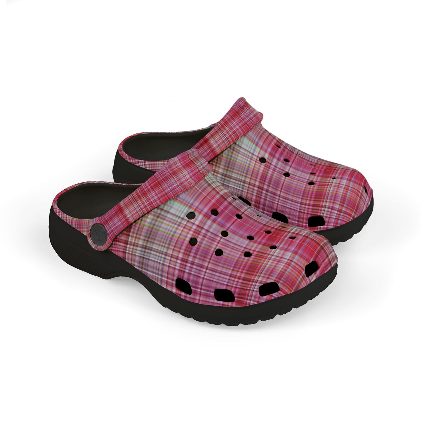 Kids Pink Plaid EVA Foam Clogs — Lightweight Slip-On Garden Shoes