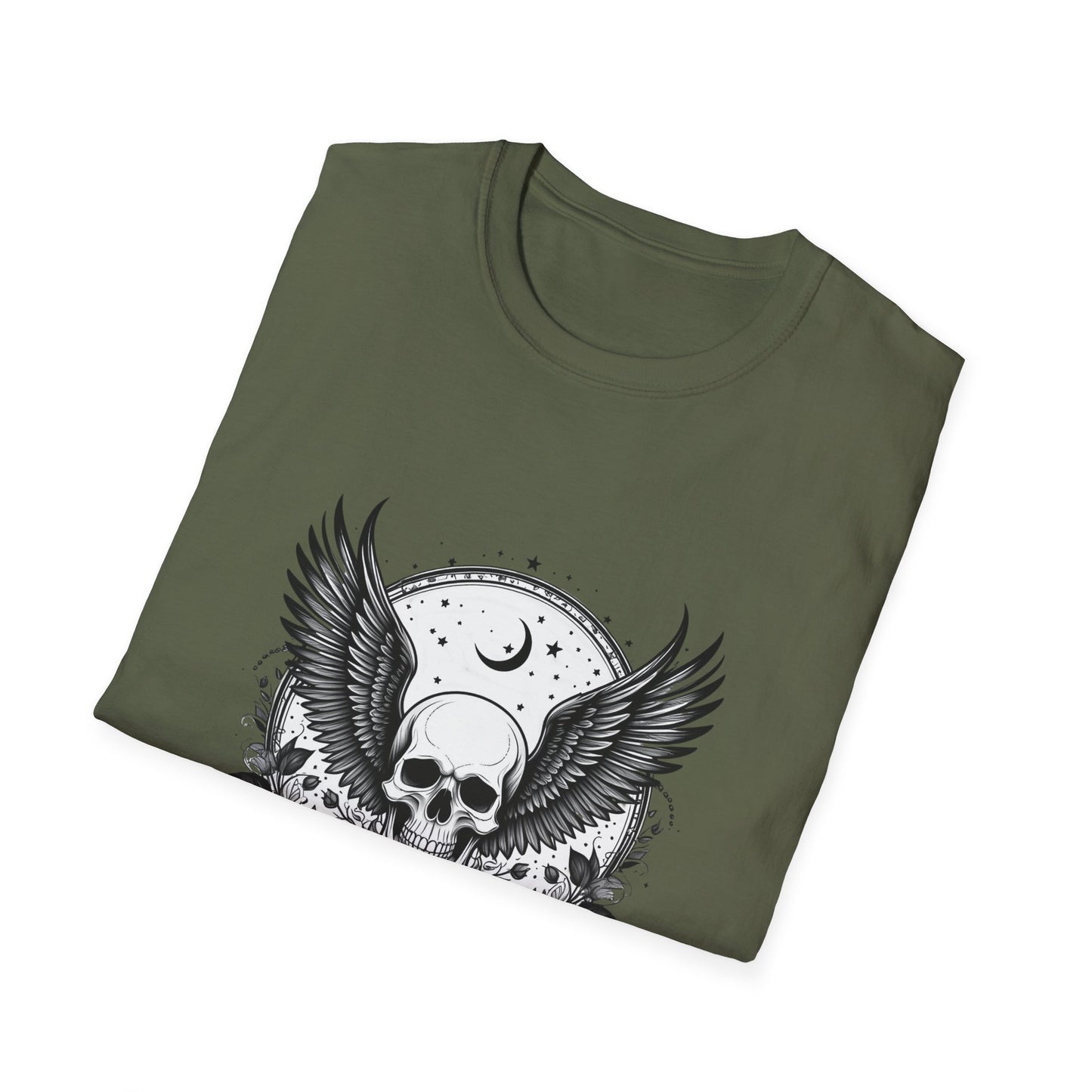 Skull Wings T‑Shirt – Crescent Moon & Red Roses Gothic Graphic Tee