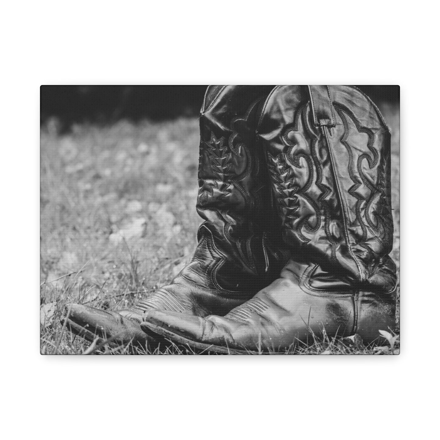 Western Cowboy Boots Matte Canvas Wall Art – Black & White Rustic Country Decor