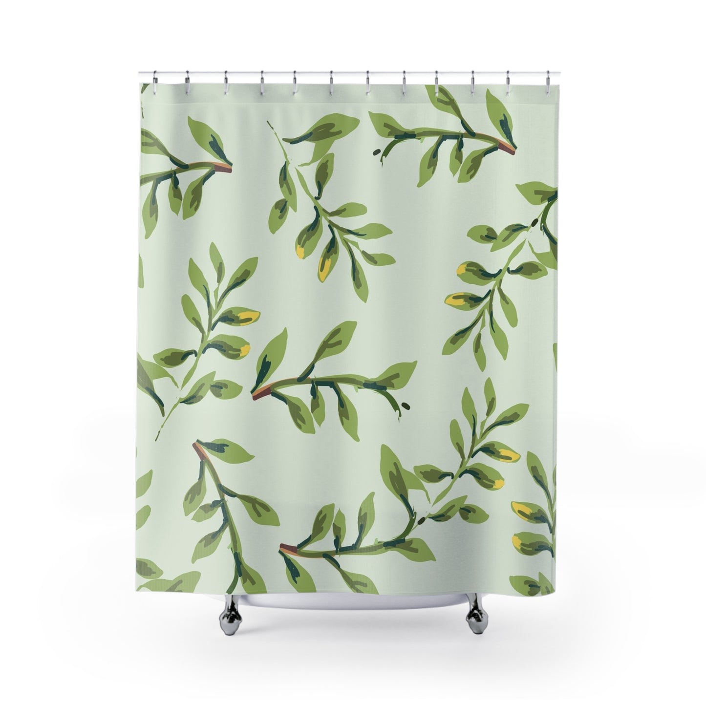 Botanical Olive Branch Shower Curtain — Green Leaf Bathroom Decor