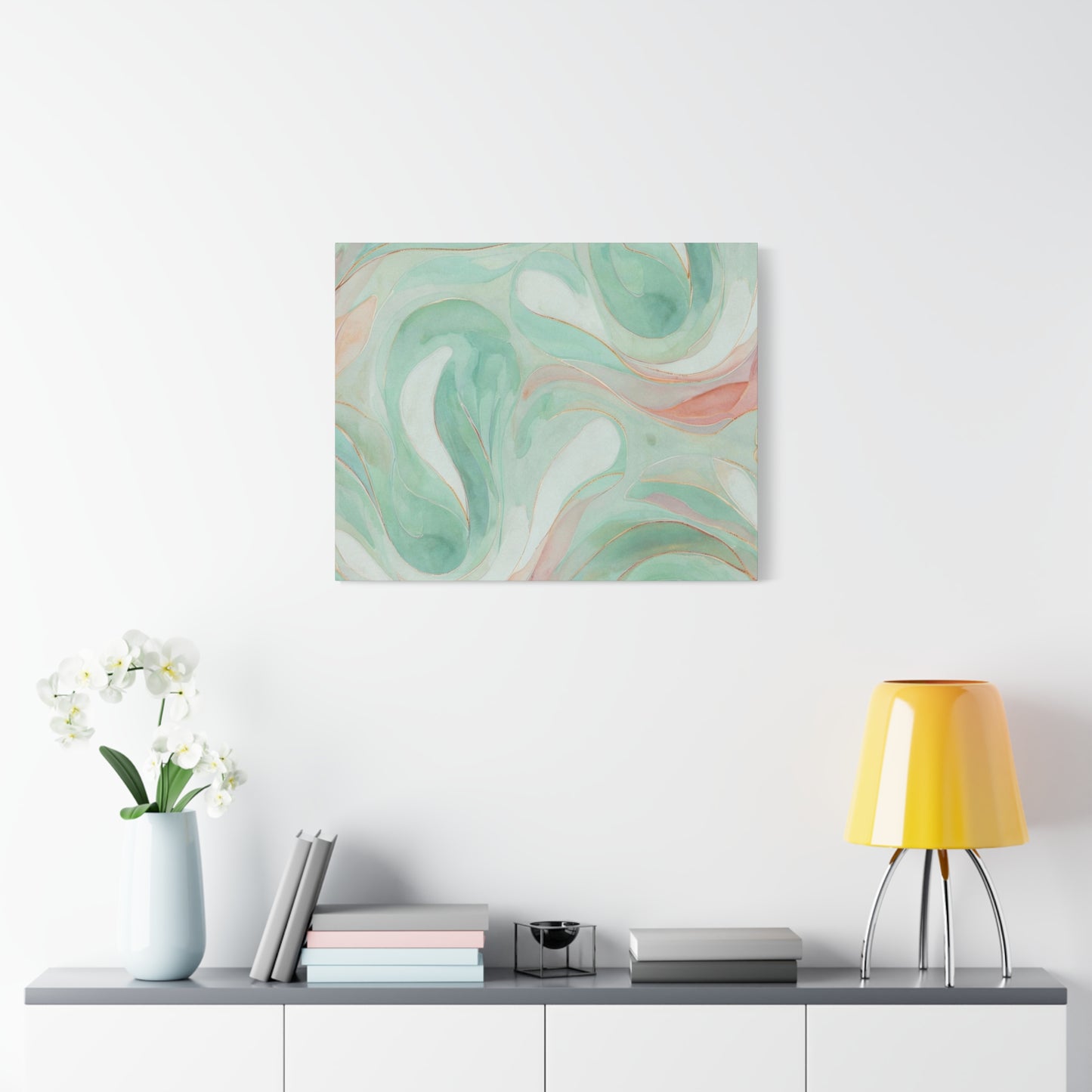 Abstract Green Marble Canvas Print — Teal & Coral Swirl Wall Art
