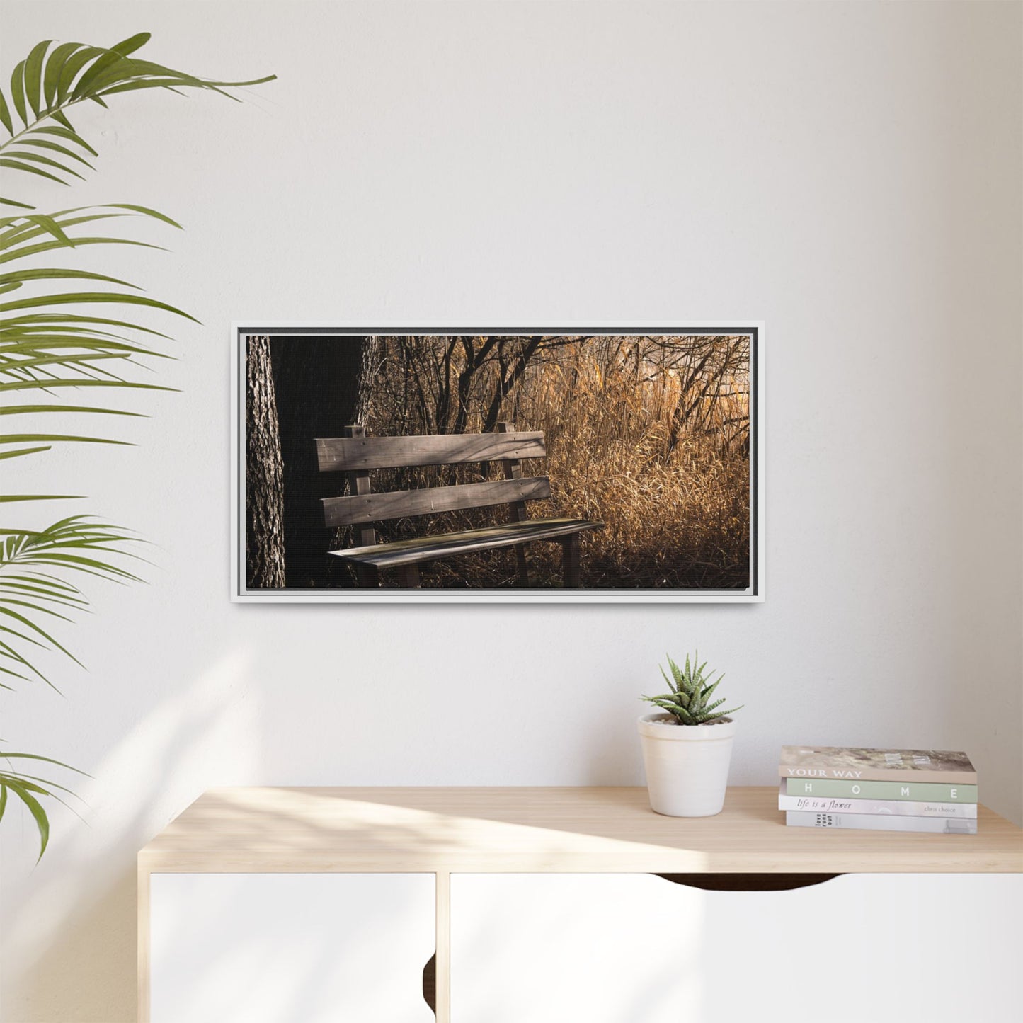 Framed Matte Canvas Print — Autumn Park Bench Photography