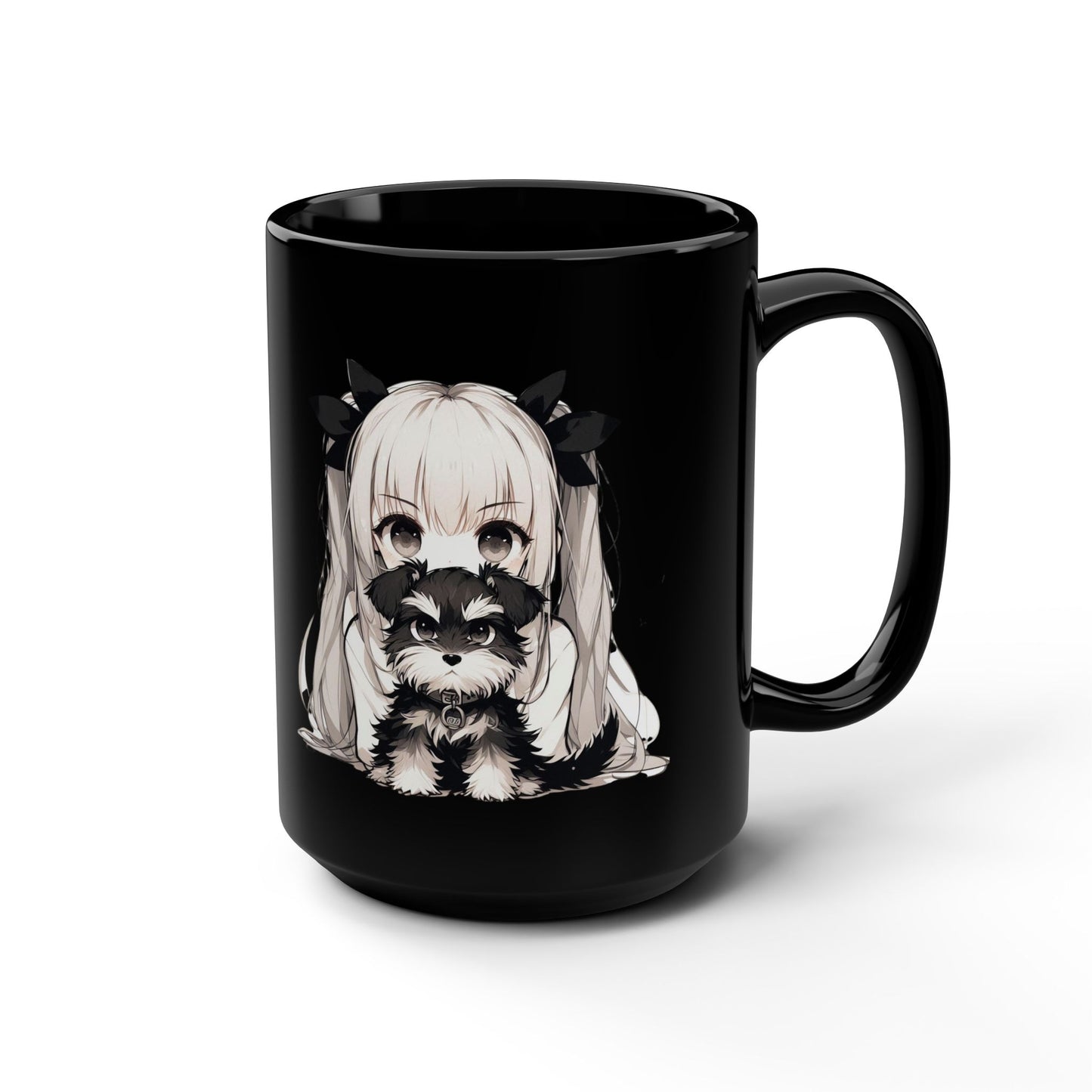 Cute Anime Girl with Raccoon 15oz Black Mug