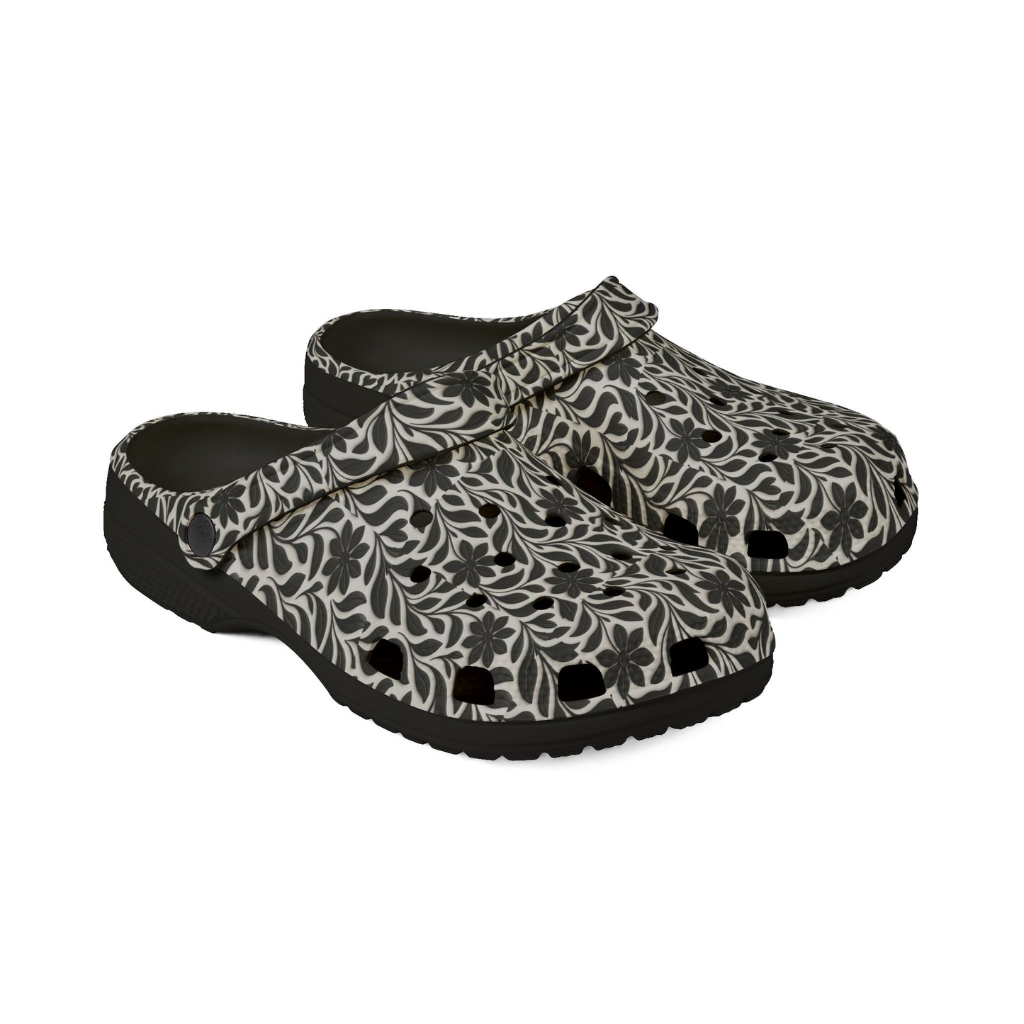 Floral EVA Foam Clogs — Lightweight Black & Cream Garden Pattern