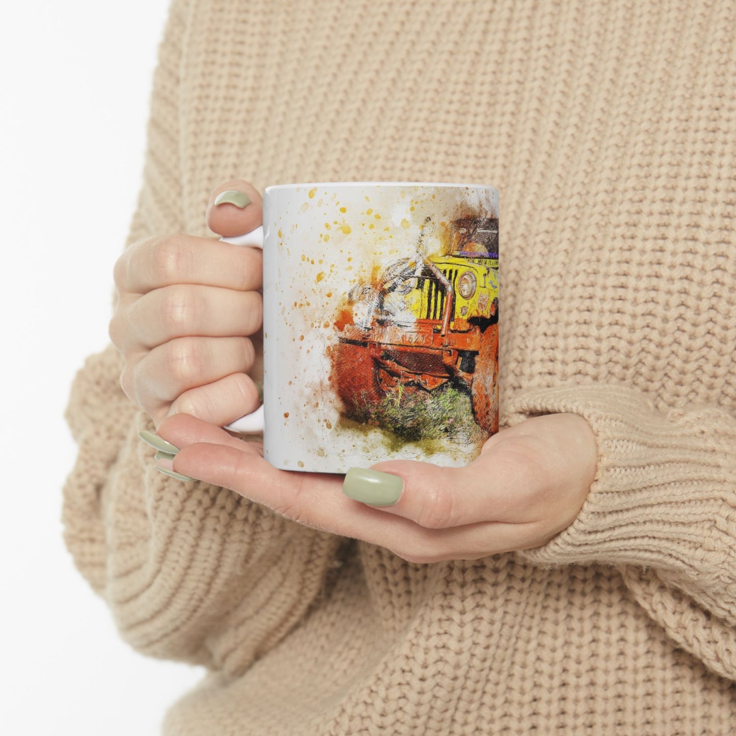 Vintage Jeep Art Ceramic Mug — Rustic Yellow Off-Road Truck Coffee Cup (11oz, 15oz)