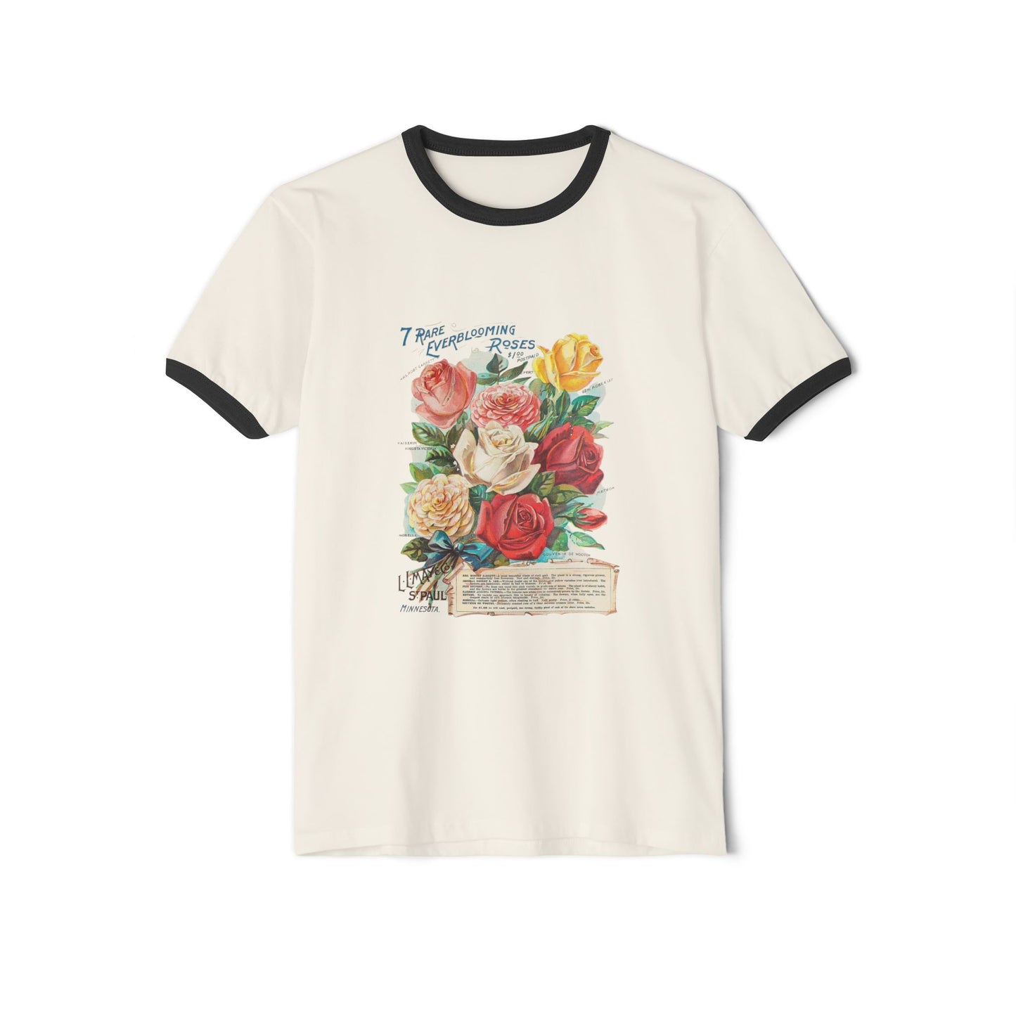 Ringer T-Shirt - Vintage Botanical Rose Bouquet (Includes Floral Text)