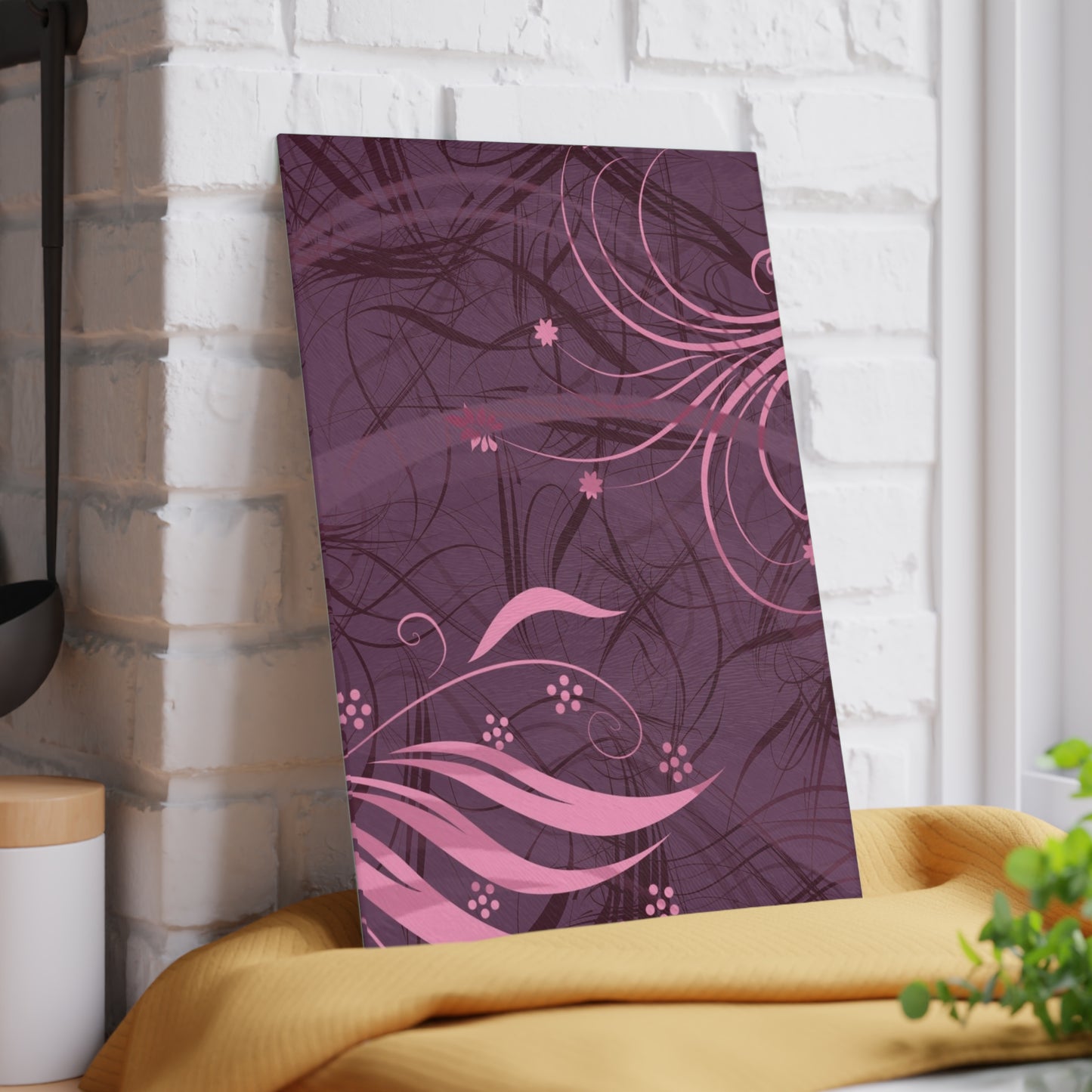 Glass Cutting Board — Pink Floral Swirl Design