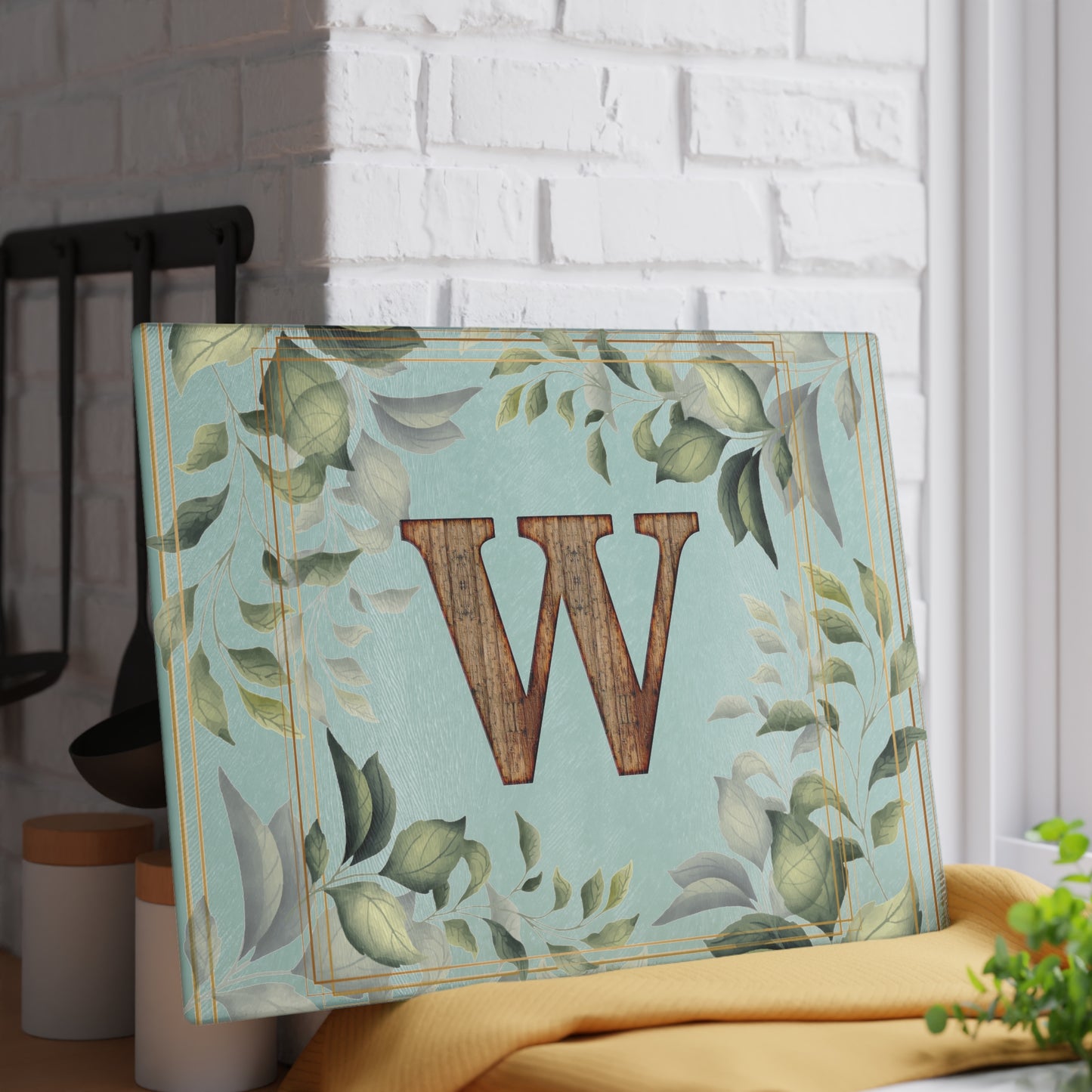 Monogram Glass Cutting Board — Rustic Wood 'W' with Greenery Border