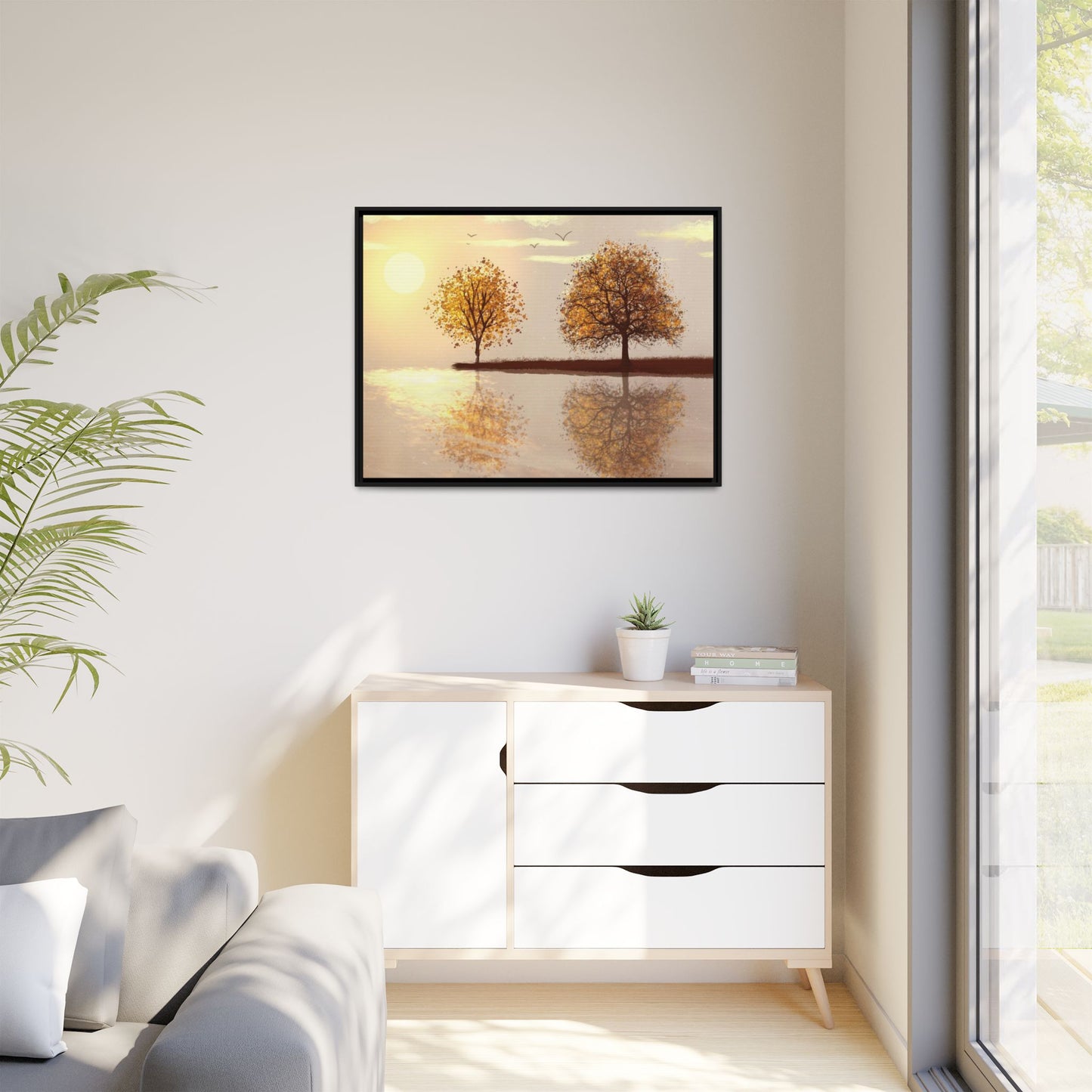 Framed Matte Canvas Wall Art — Golden Autumn Trees Reflection