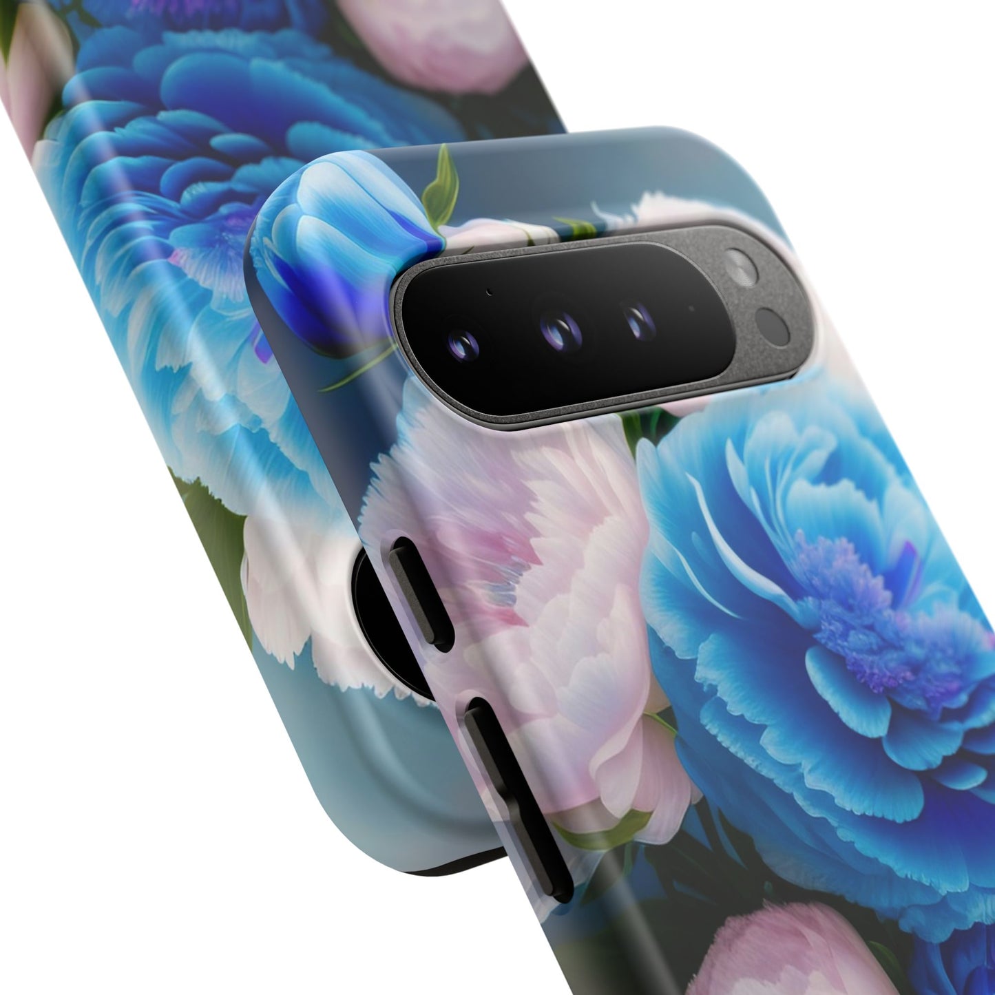 Floral Blue Peony Phone Case — Protective Tough Case with Pink & Blue Blooms