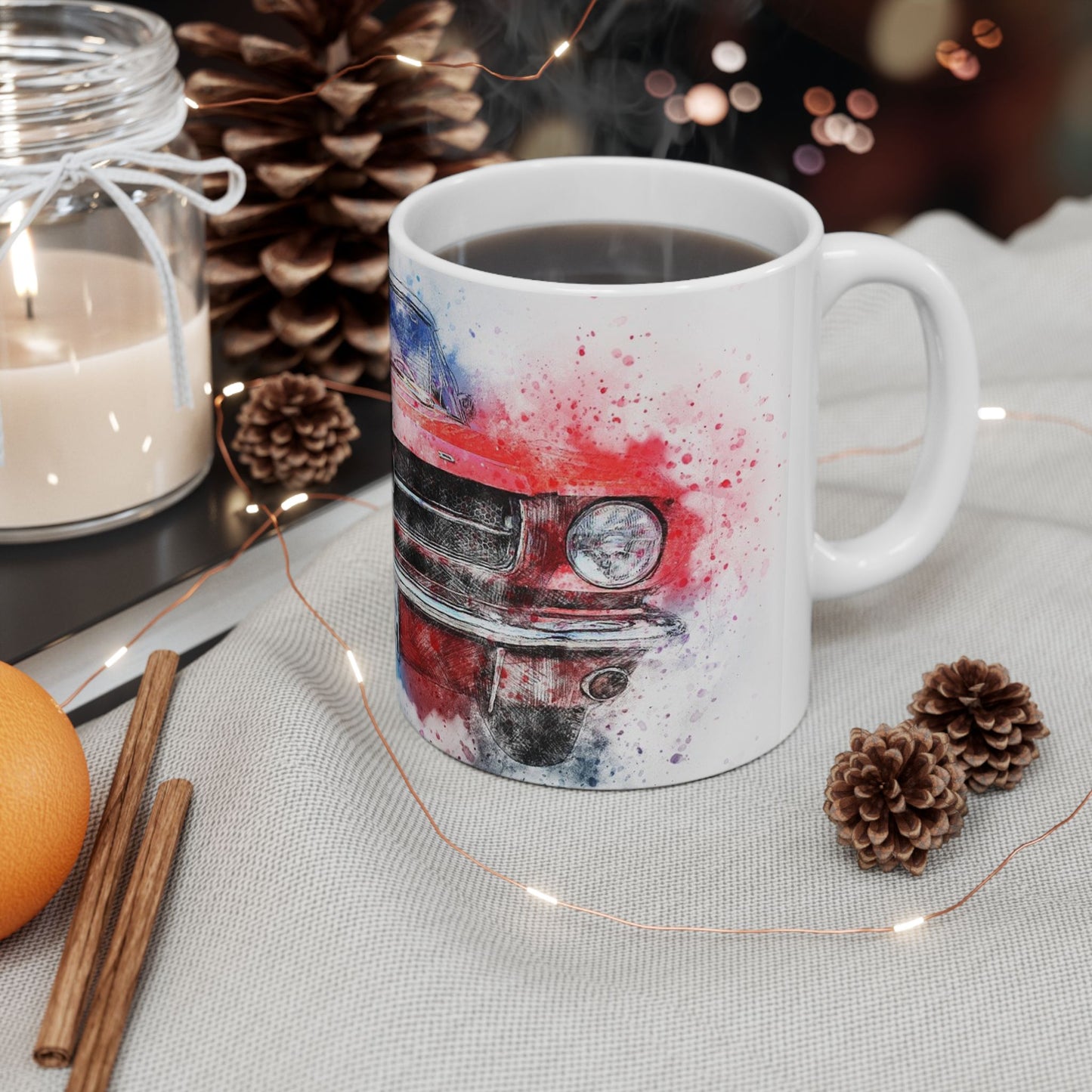 Mustang Front Grill Watercolor Ceramic Mug — Car Enthusiast Coffee Cup (11oz/15oz)