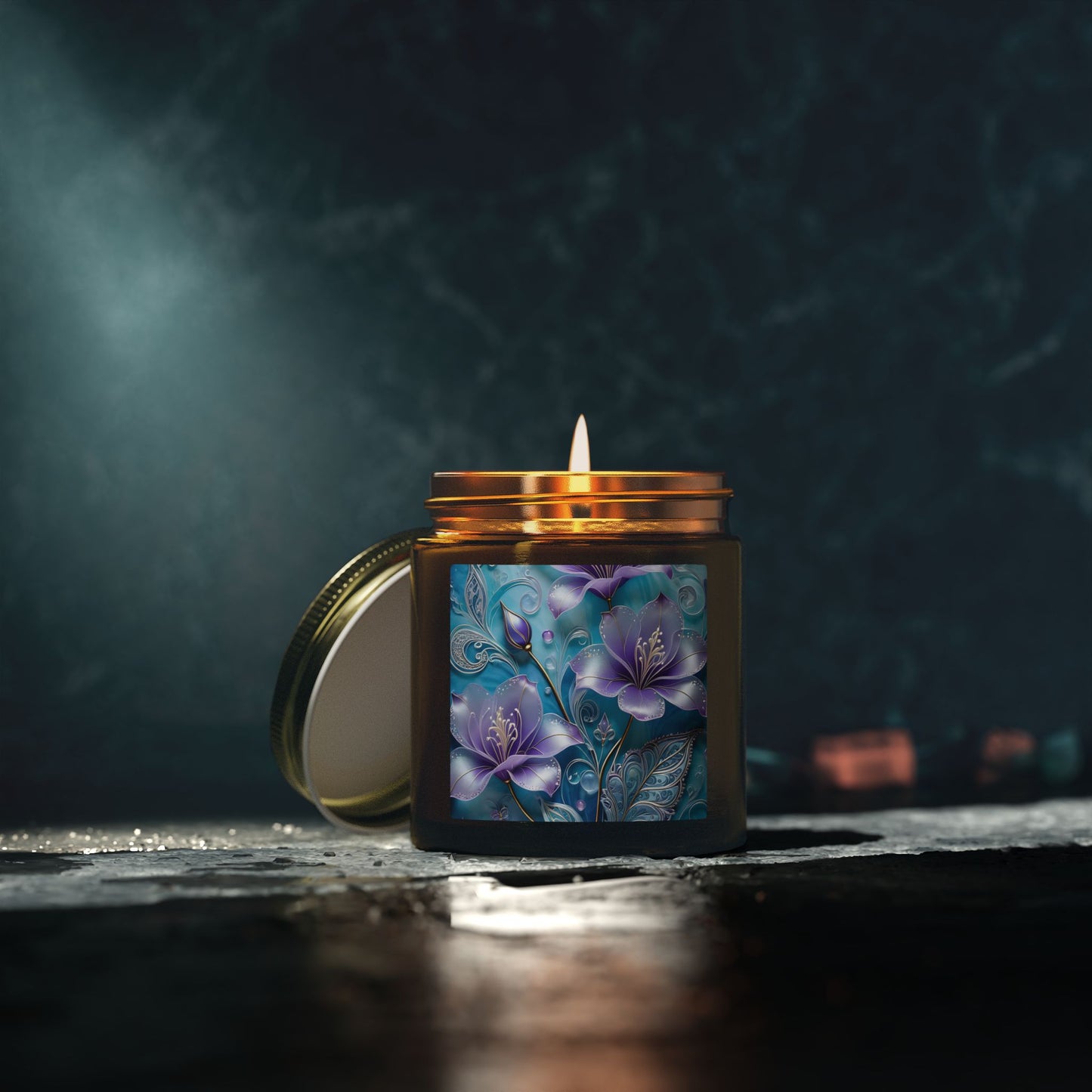 Scented Candle — Coconut Apricot Wax (4oz & 9oz) with Blue Floral Art
