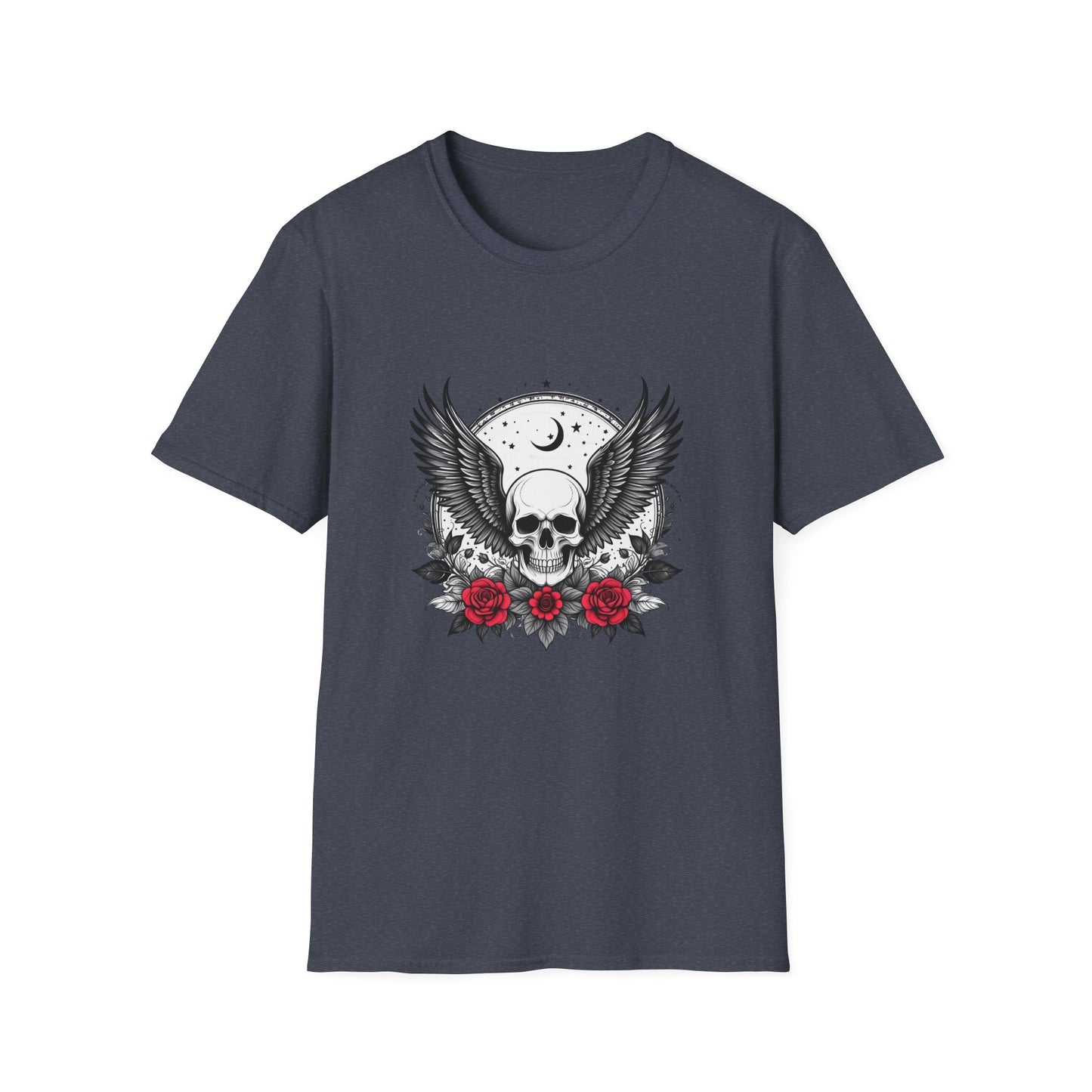 Skull Wings T‑Shirt – Crescent Moon & Red Roses Gothic Graphic Tee